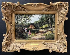 Figuras recogiendo moras en una cabaña rural Pintura al óleo victoriana