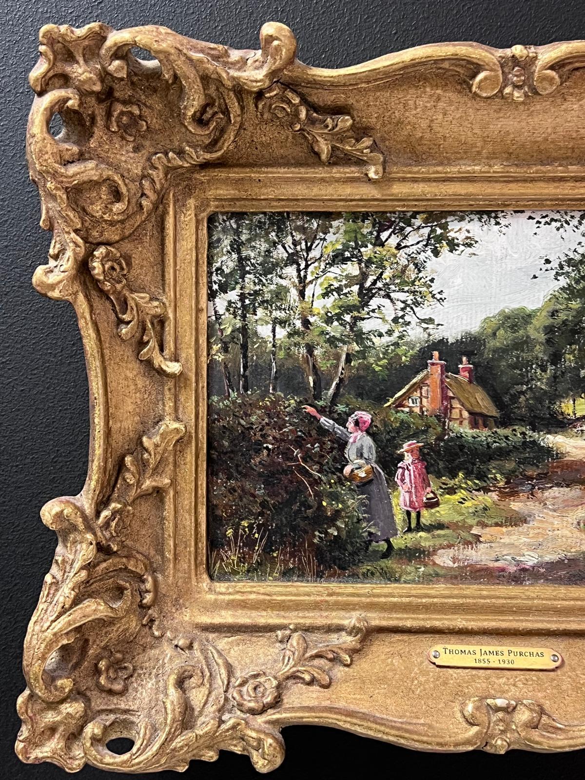 Figuras recogiendo moras en una cabaña rural Pintura al óleo victoriana - Painting Victoriano de Thomas James Purchas