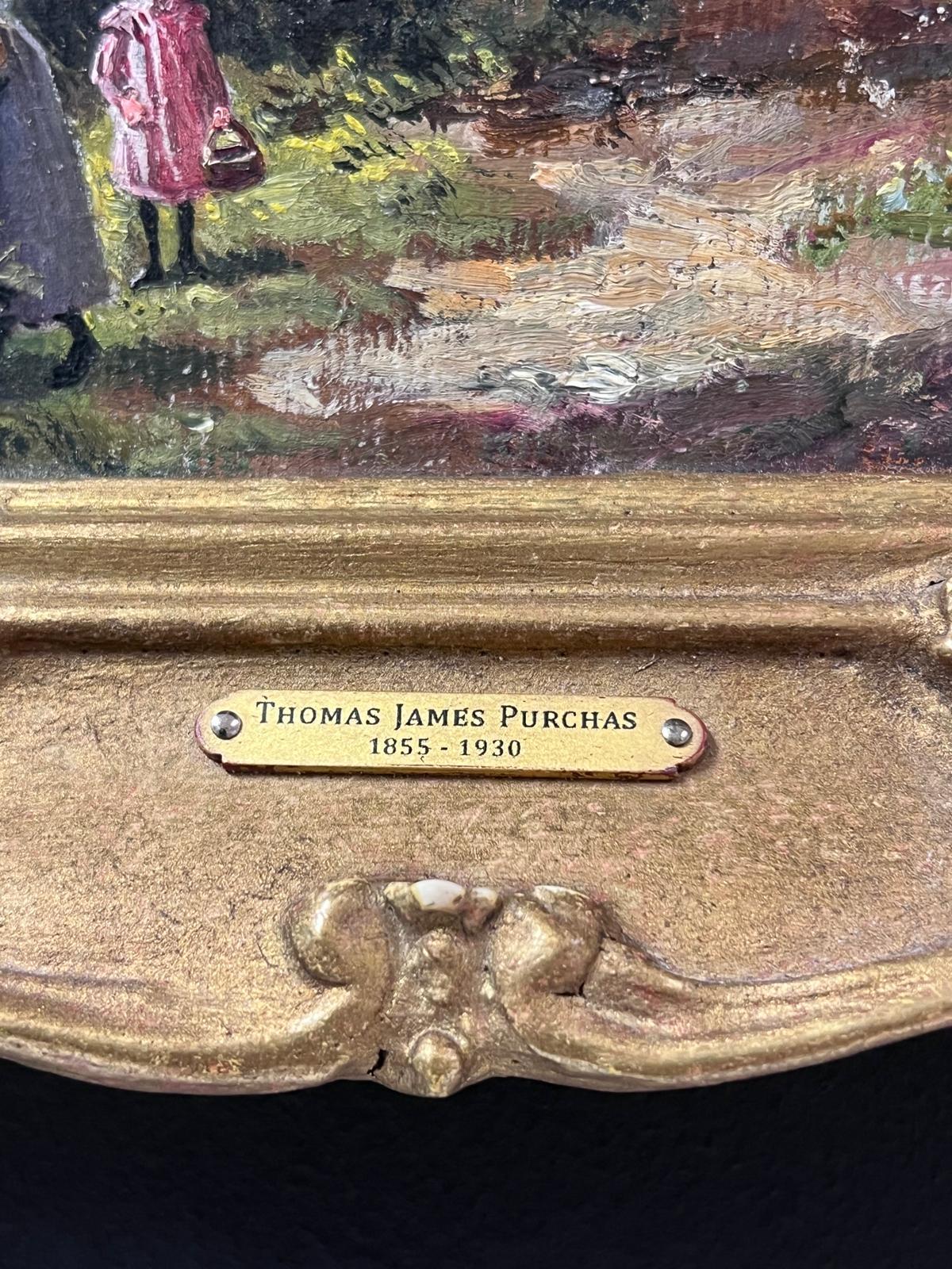 Figuras recogiendo moras en una cabaña rural Pintura al óleo victoriana - Landscape Painting Negro de Thomas James Purchas
