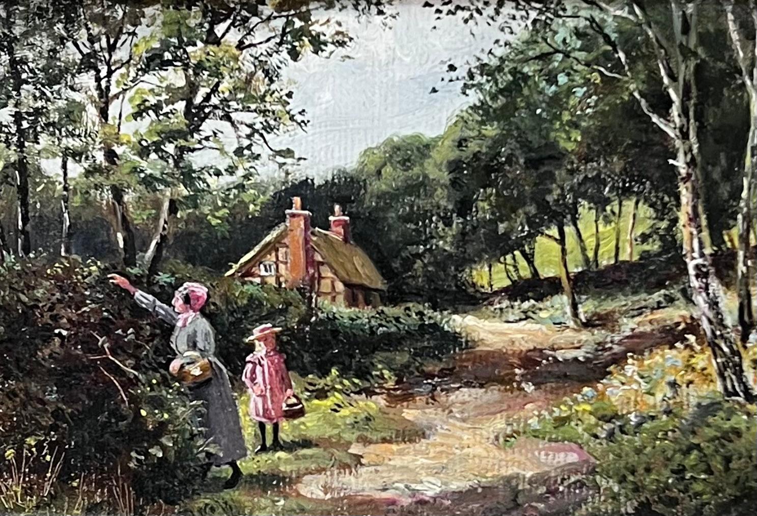 Figuras recogiendo moras en una cabaña rural Pintura al óleo victoriana en venta 2