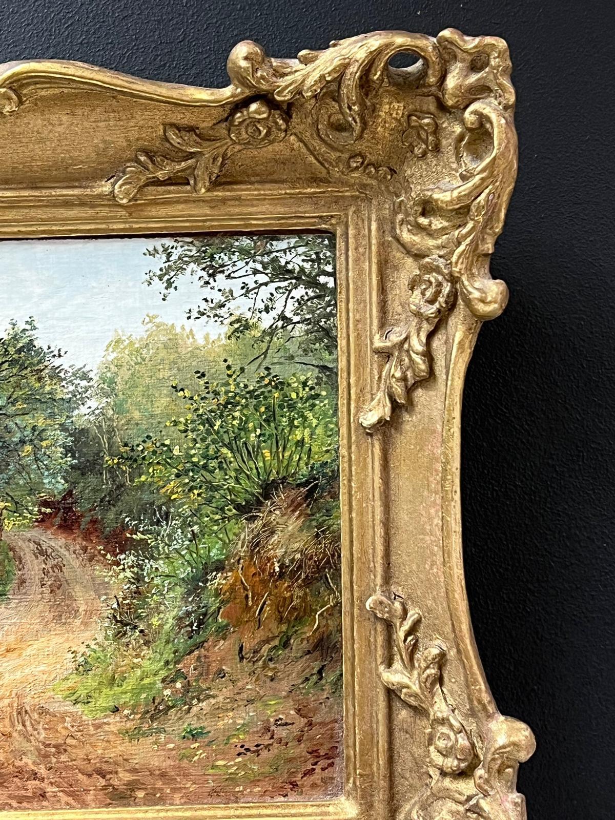 Pintura al óleo victoriana original Paisaje estival del sendero del bosque Enmarcado dorado - Landscape Painting Marrón de Thomas James Purchas