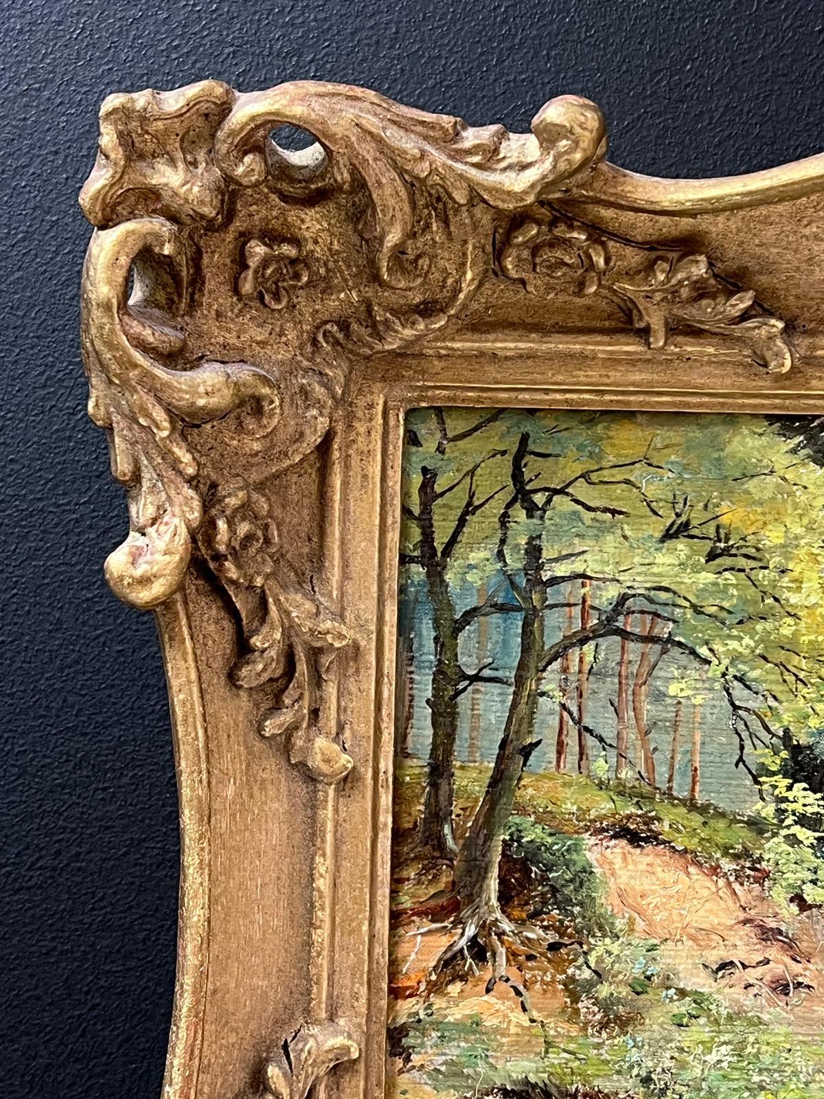 Pintura al óleo victoriana original Paisaje estival del sendero del bosque Enmarcado dorado en venta 1