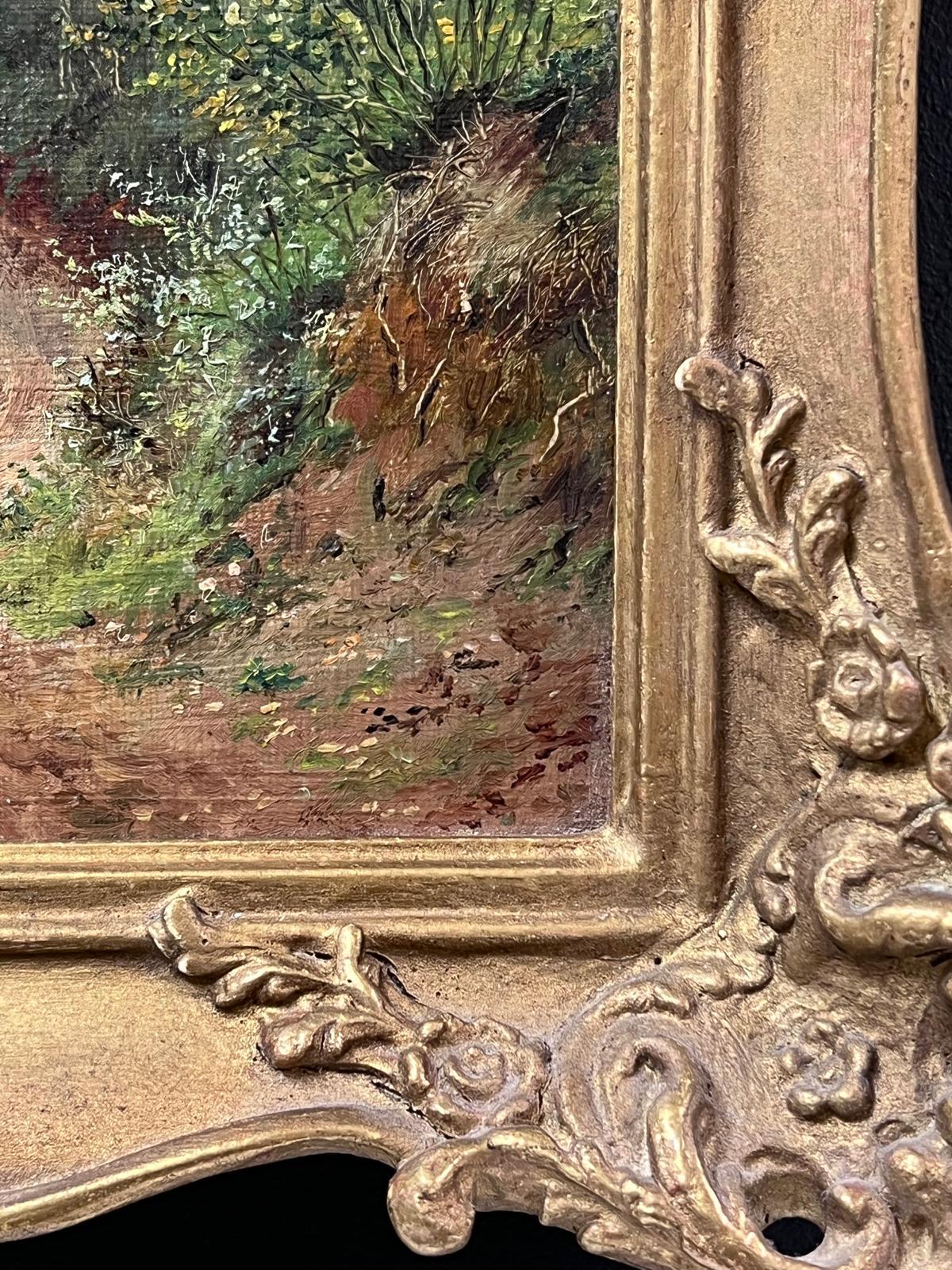 Pintura al óleo victoriana original Paisaje estival del sendero del bosque Enmarcado dorado en venta 2