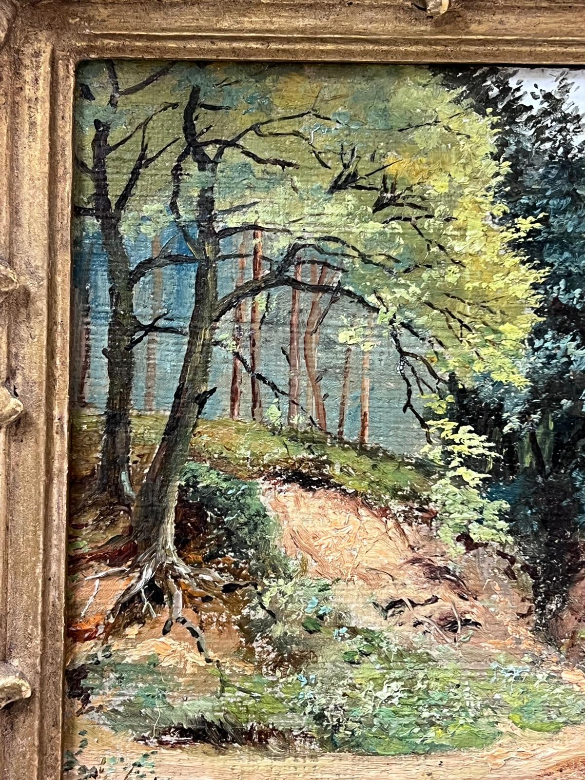 Pintura al óleo victoriana original Paisaje estival del sendero del bosque Enmarcado dorado en venta 3