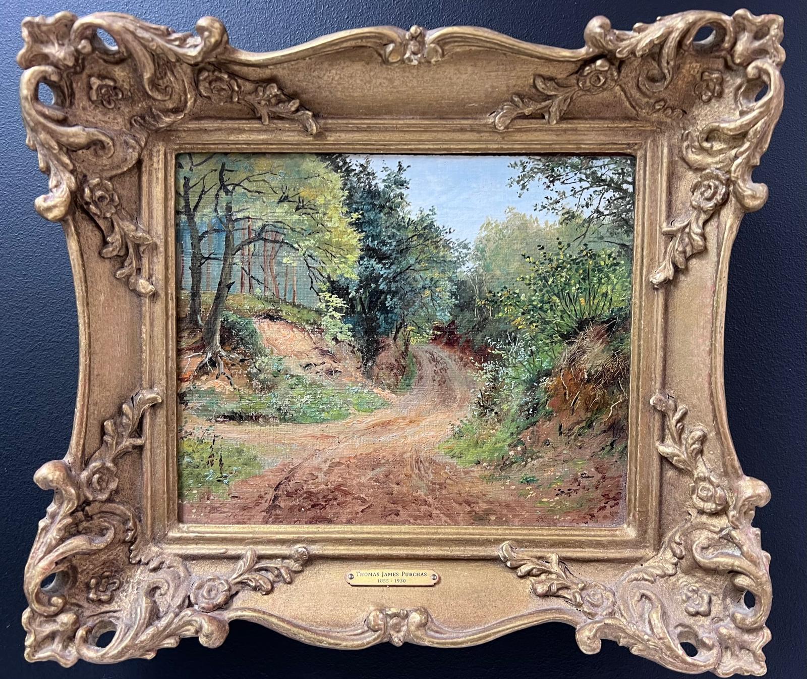 Landscape Painting de Thomas James Purchas - Pintura al óleo victoriana original Paisaje estival del sendero del bosque Enmarcado dorado