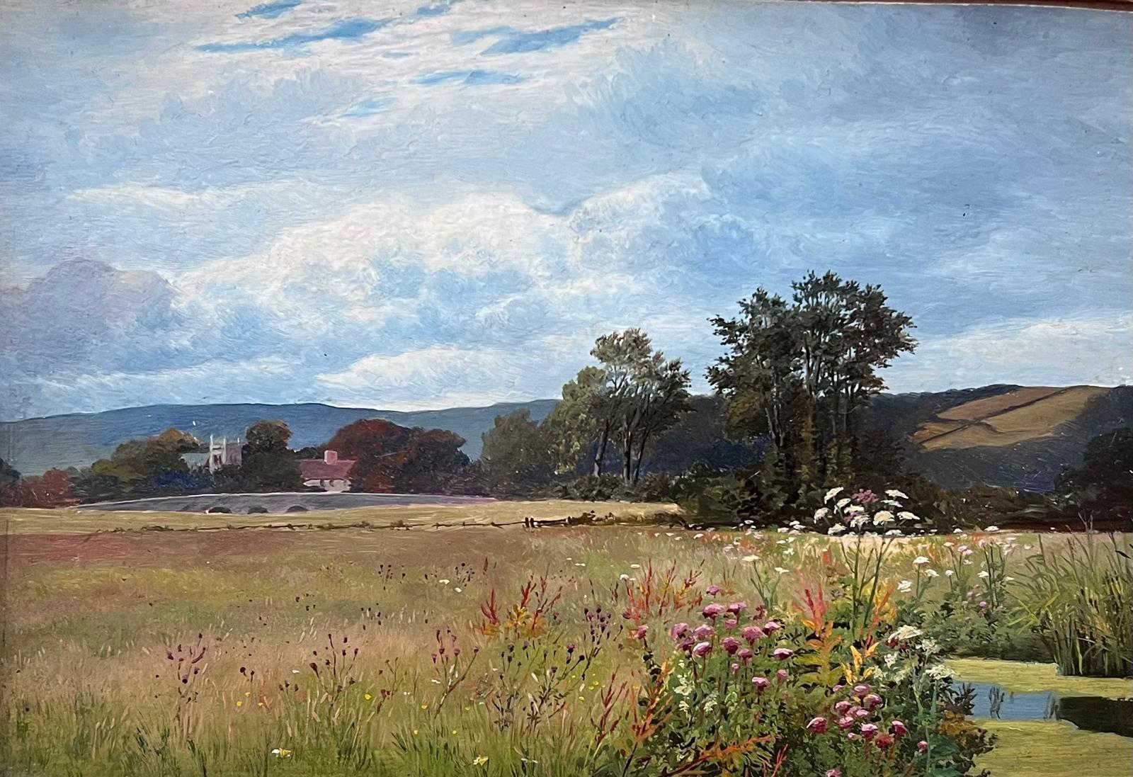 Summer Meadows Wild Flowers by River, Original Victorian Oil Painting - Brown Landscape Painting by Thomas James Purchas