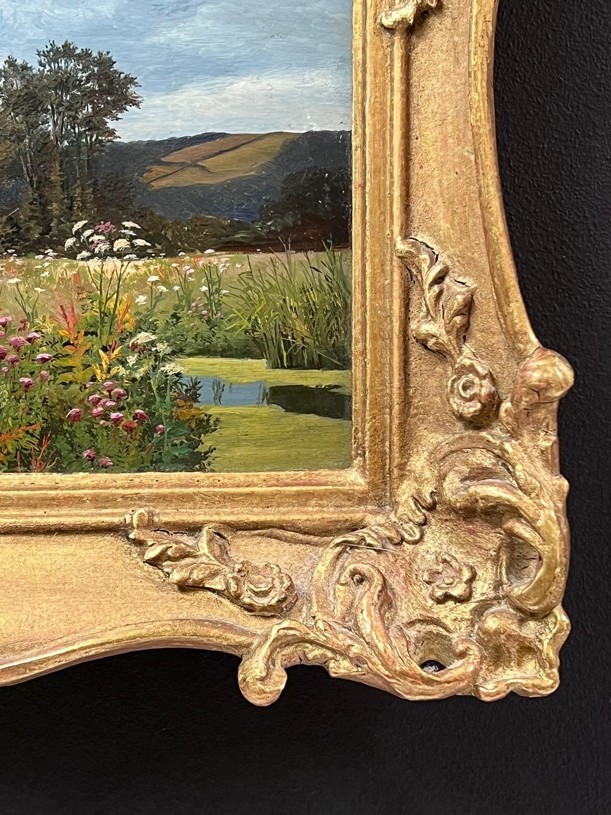 Summer Meadows
Victorian oil painting by Thomas James Purchas (British 1855-1930)
with name plaque to frame
oil painting on board, framed within ornate scrolled gilt frame
framed: 10 x 13 inches
board: 7 x 9.75 inches
very good condition
provenance: