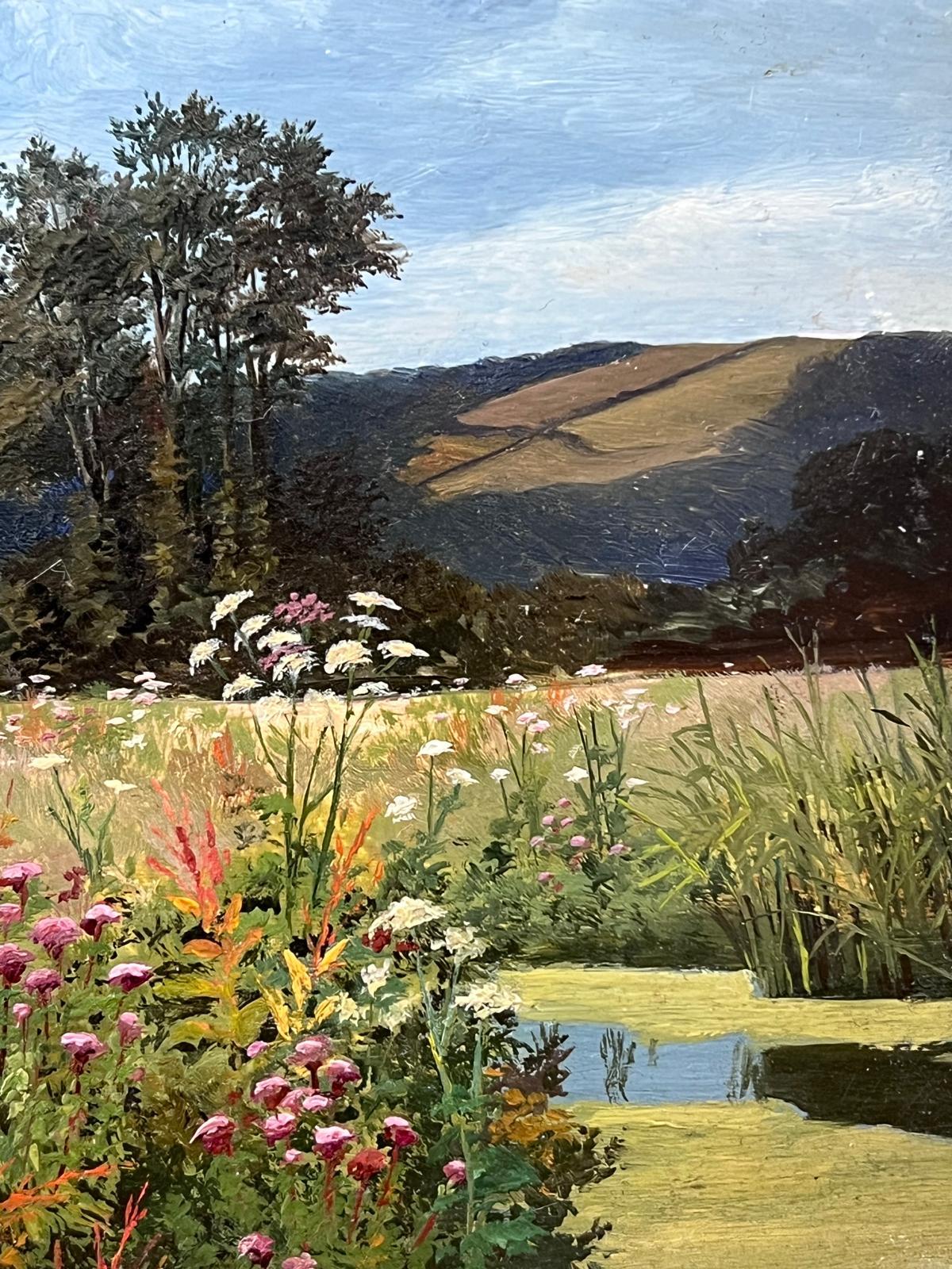 Summer Meadows Wild Flowers by River, Original Victorian Oil Painting 3