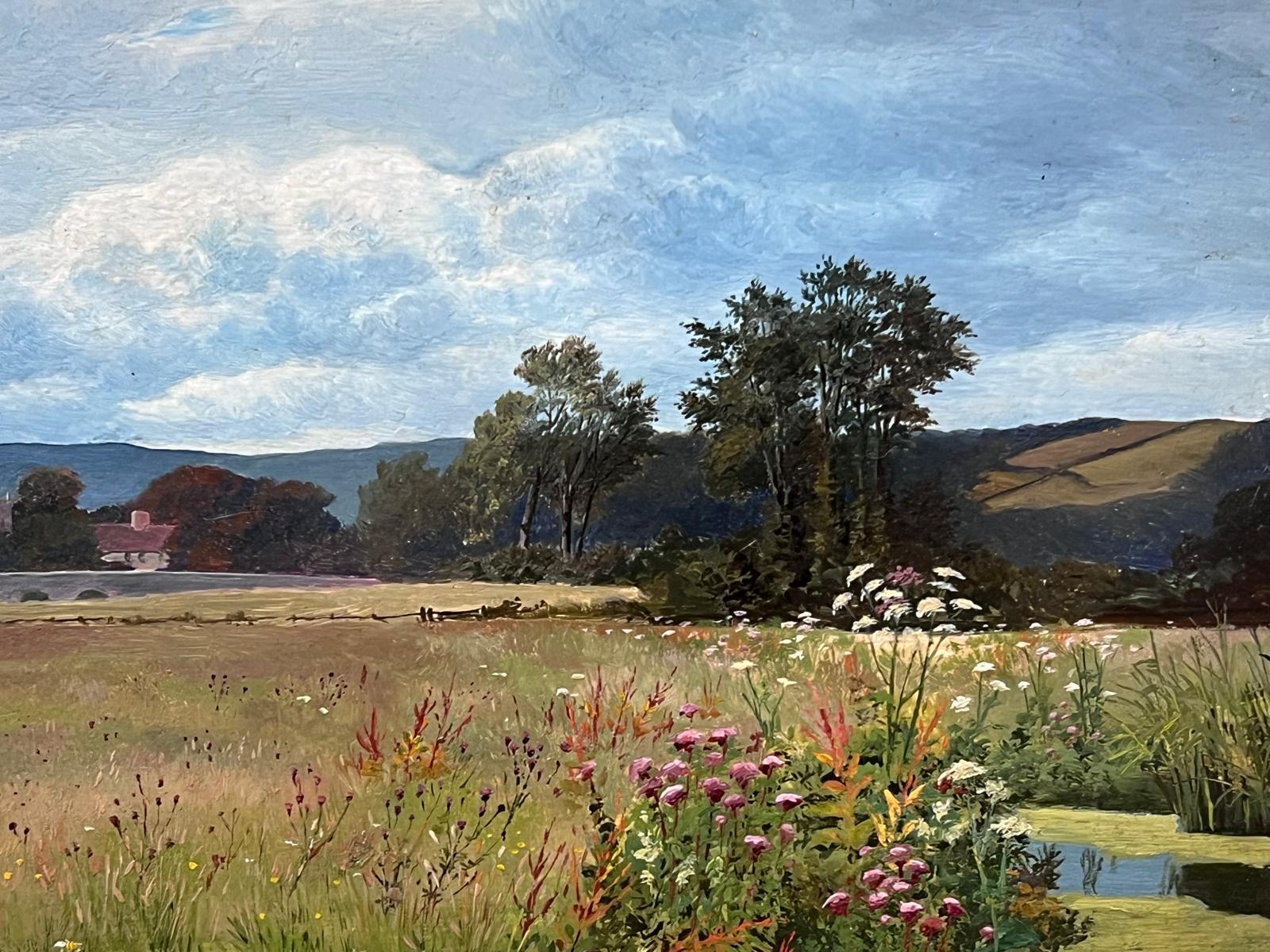 Summer Meadows Wild Flowers by River, Original Victorian Oil Painting 4