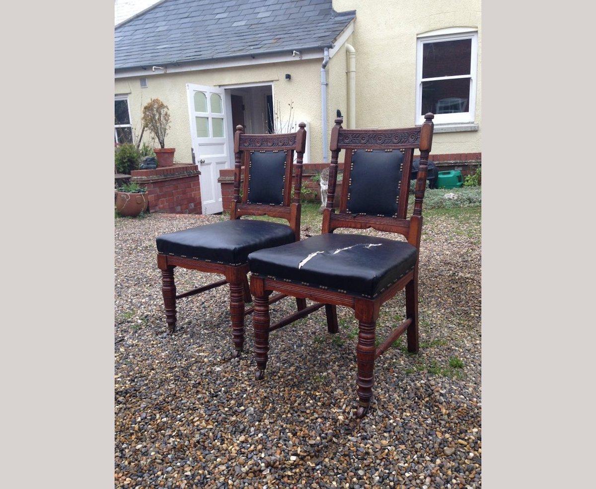 Thomas Jeckyll in the style of.
A good quality pair of aesthetic movement dining chairs with sunflower carved details to the backs, subtle details below the seats with ring-turned legs, and original ceramic and brass castors. Ready for upholstery.