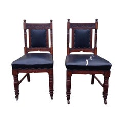 Thomas Jeckyll Style a Pair Aesthetic Movement Oak Dining Chairs with Sunflowers