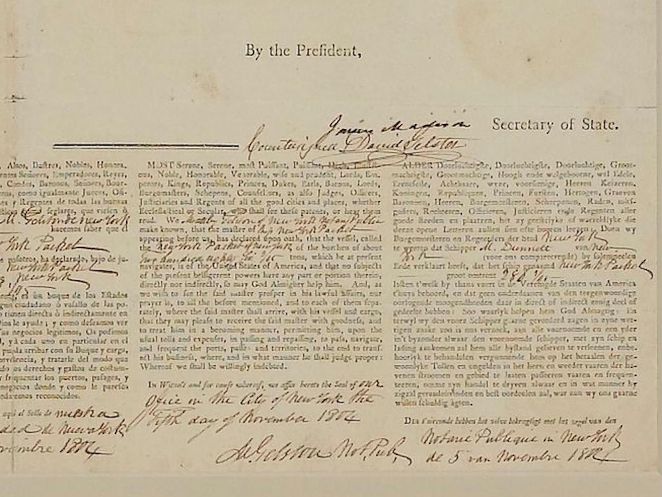 Thomas Jefferson und James Madison Schiffspass, unterzeichnet am 5. November 1804 (amerikanisch) im Angebot