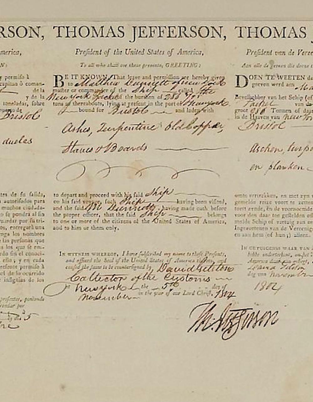 Thomas Jefferson und James Madison Schiffspass, unterzeichnet am 5. November 1804 im Zustand „Gut“ im Angebot in Colorado Springs, CO