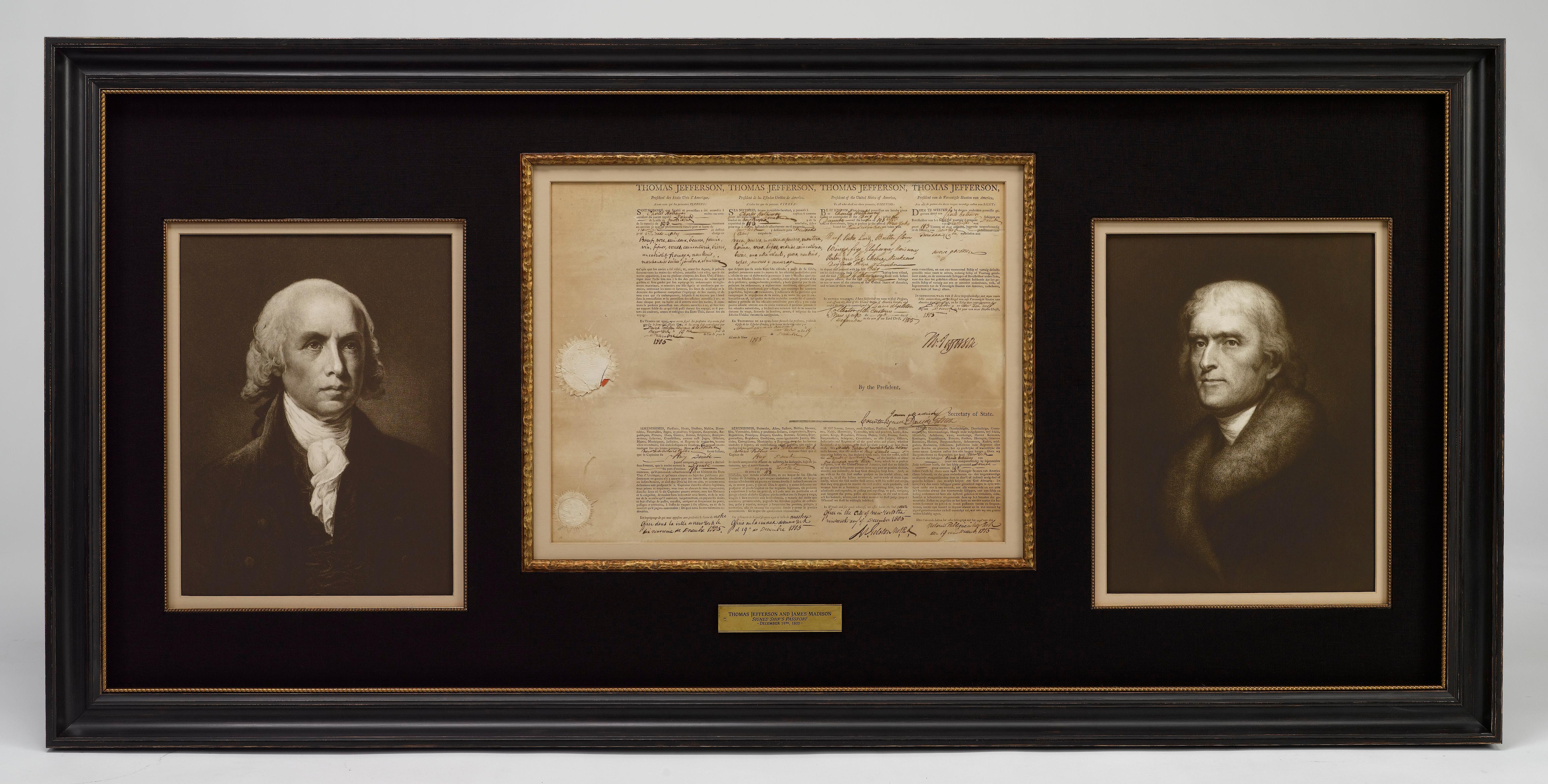 This rare official document, dated December 19, 1805, is signed by both Thomas Jefferson as the nation's third President and James Madison as Secretary of State. The document, partially printed in columns and finished by hand in ink, consists of