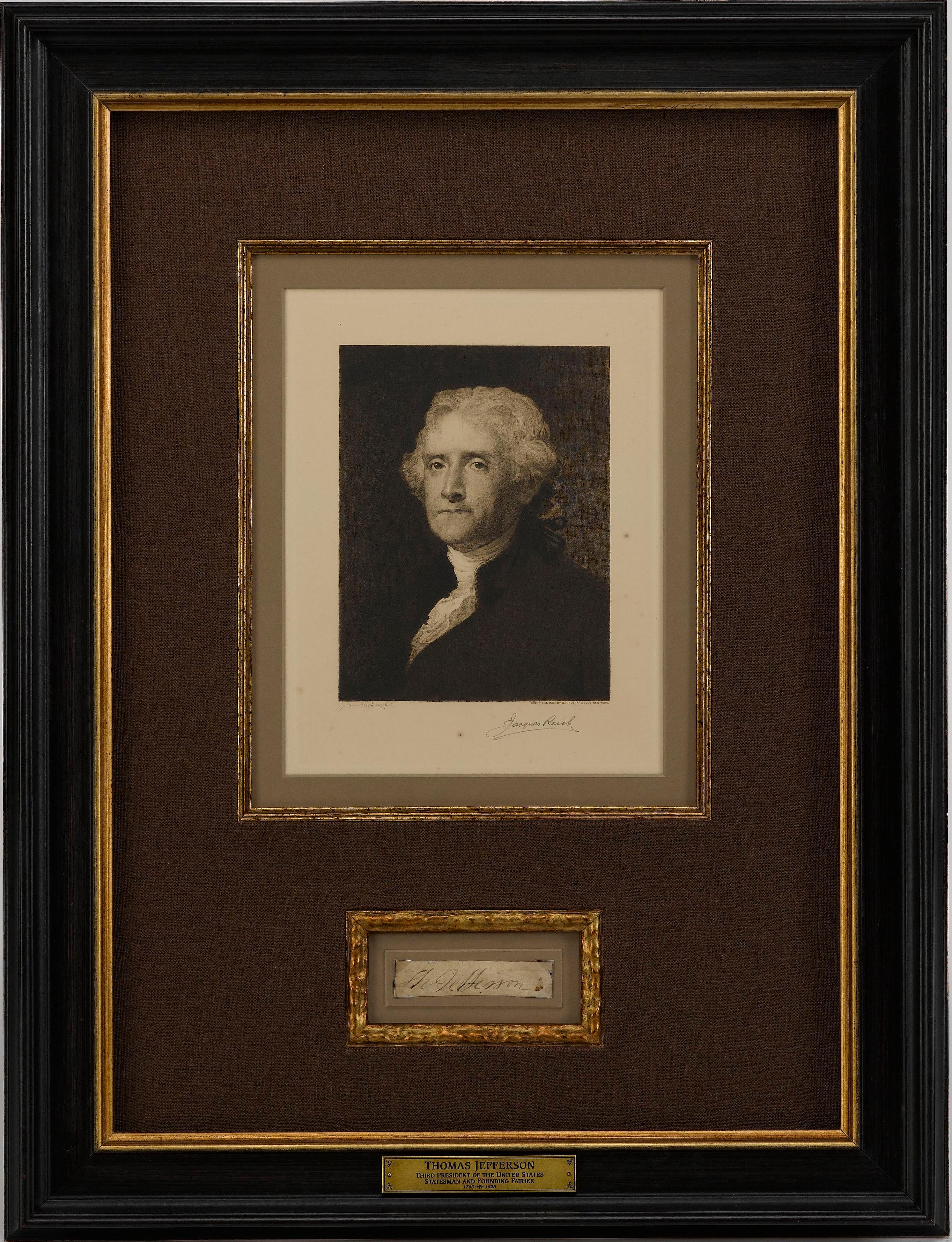 This is an original Thomas Jefferson signature, presented framed with an etched portrait of Jefferson by Jacques Reich. The cut signature reads “Th. Jefferson” and is signed with a quill in black ink. This rare cut Jefferson signature was one of