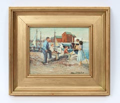 Antique American Impressionist Seascape Oil Painting "Sketching by the Sea"