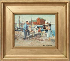 Antique American Impressionist Seascape Oil Painting "Sketching by the Sea"