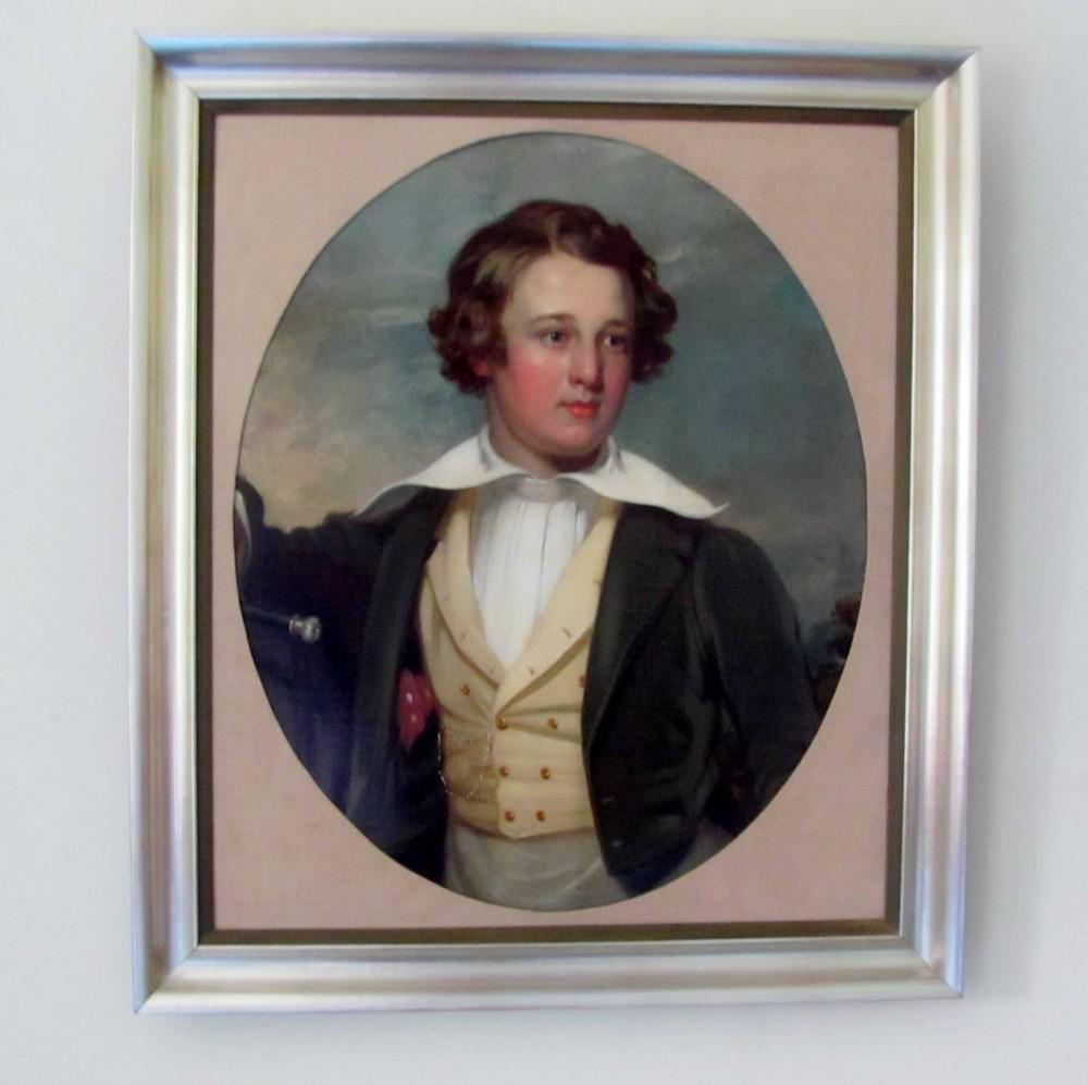 Portrait of a young man,
half length wearing a yellow waistcoat and holding a cane , Circle of Thomas Jones Barker (1815-1882),
Oil on canvas, housed in a later frame which is a silver/ very light gold colour, which enhances the shades of the