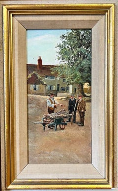 Victorian British Oil Three Men Standing in Village Chatting, framed