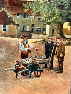 Antique Victorian British Oil Three Men Standing in Village Chatting, framed 