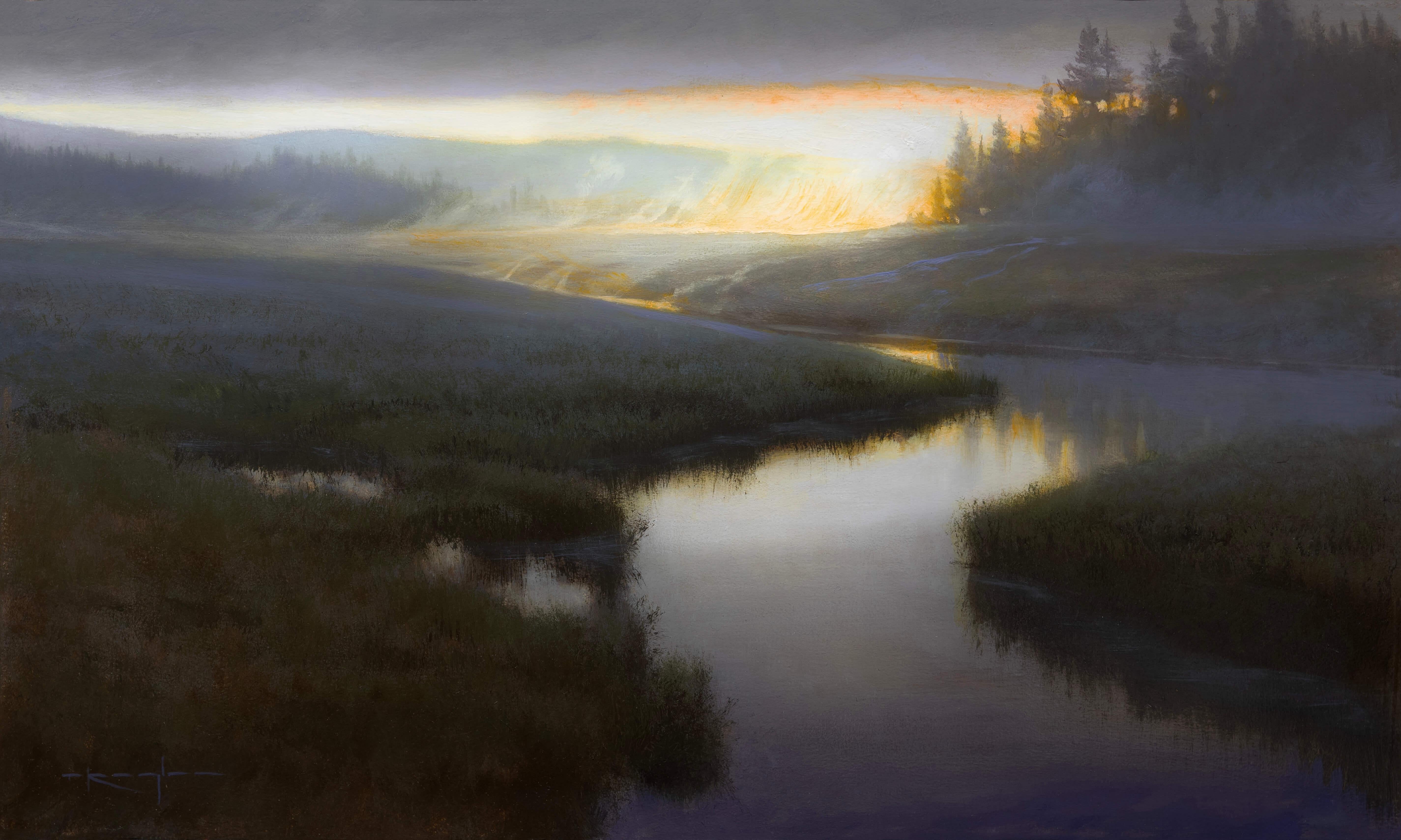 Thomas Kegler Landscape Painting – "Aufatmen der Morgenröte, Psalm 25:5" (2025) Original Ölgemälde, Flussszene