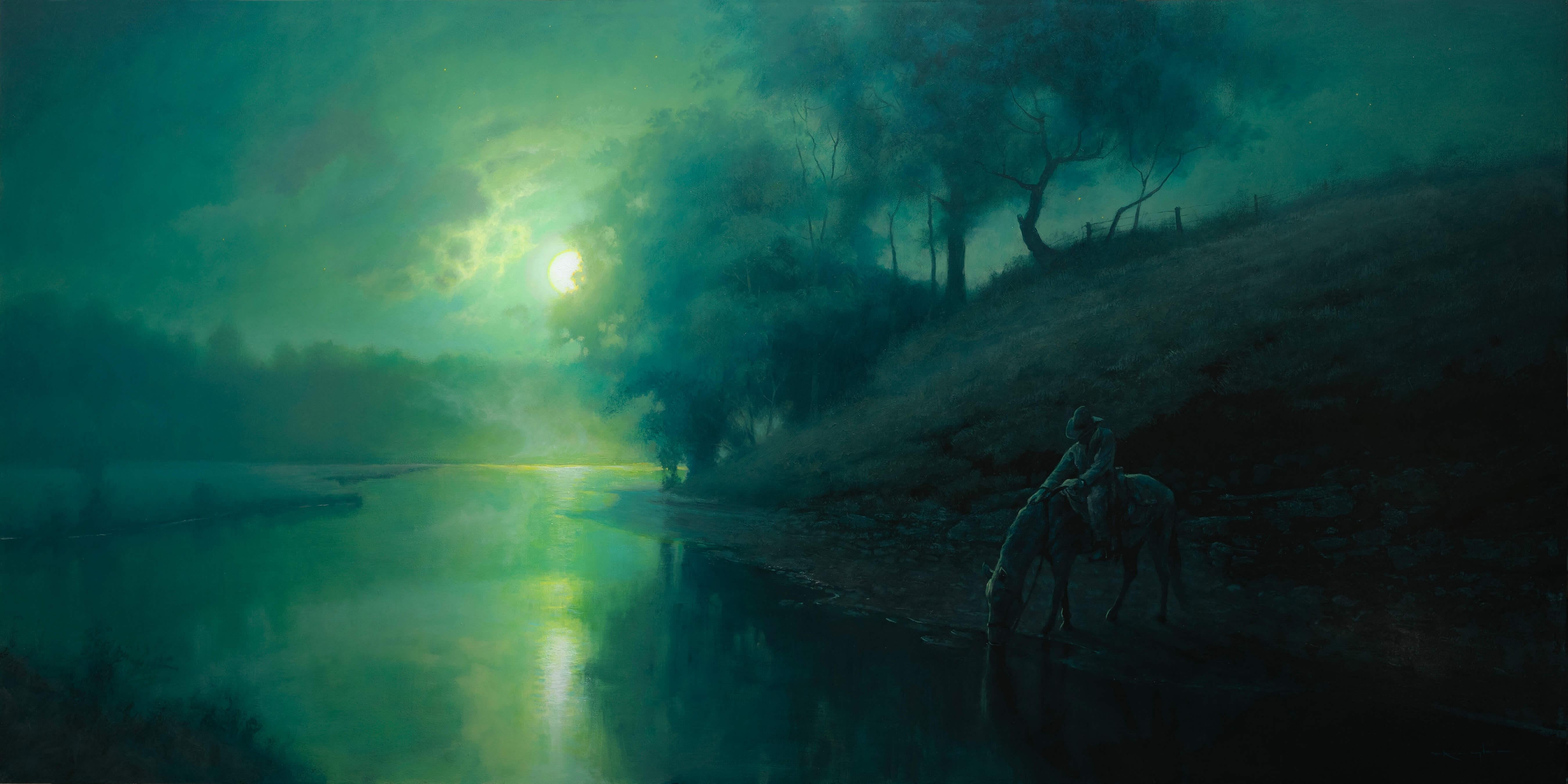 "In der Stille der Nacht, Psalm 4:8" (2025) Original Ölgemälde, Flusslandschaft