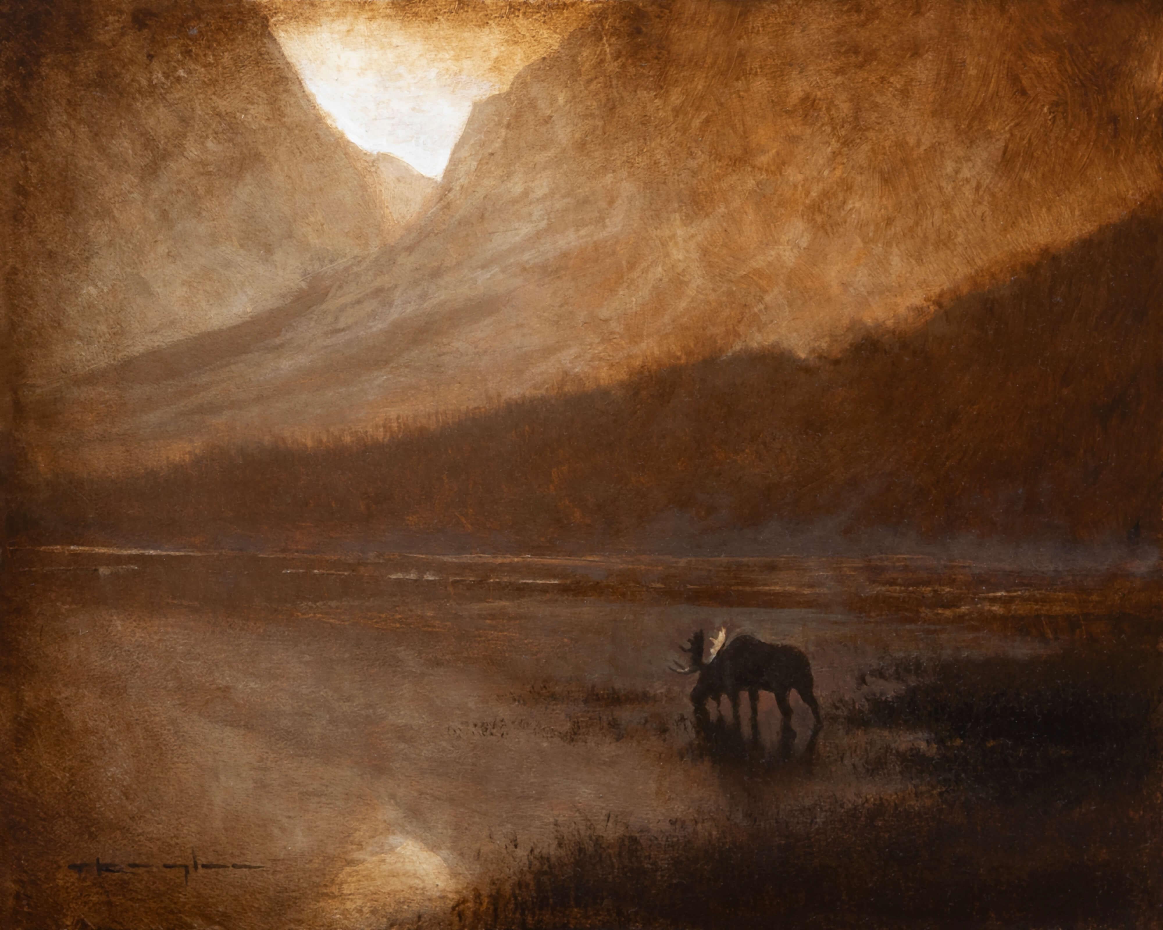 Thomas Kegler Animal Painting – "Stille Wasser, Psalmen 33:22" (2025) Original Öl-Landschaftsgemälde, Elch