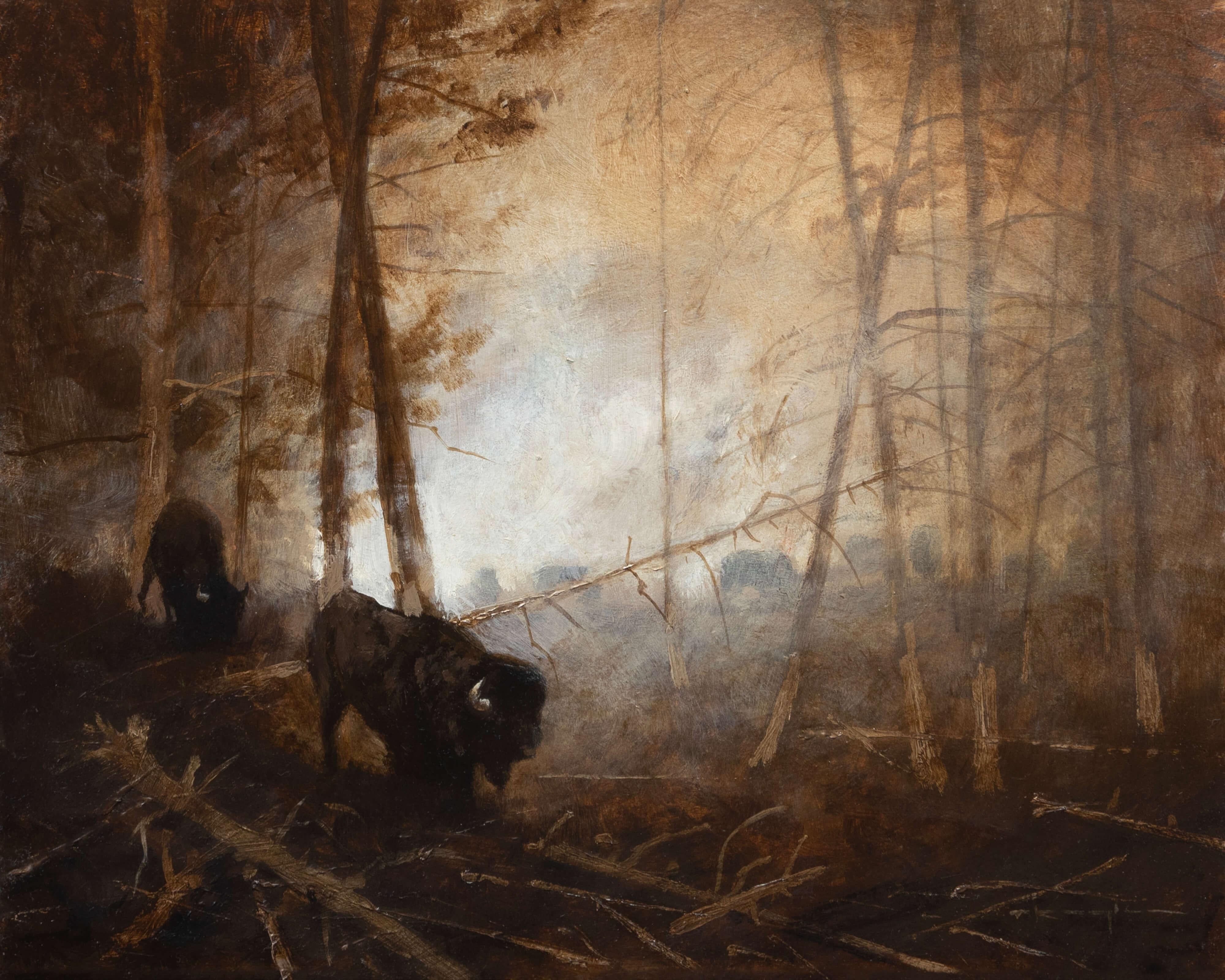 Thomas Kegler Landscape Painting – "Verschleierte Wächter" (2025) Original-Öl-Landschaftsgemälde von Büffeln