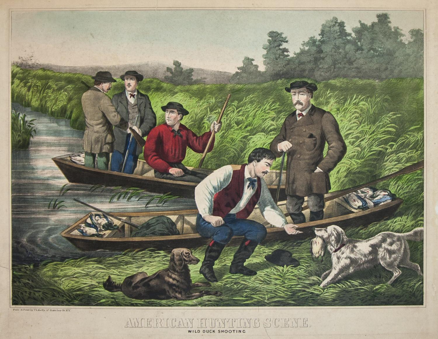 Thomas Kelly Figurative Print - American Hunting Scene Wild Duck Shooting original Lithograph 1865 