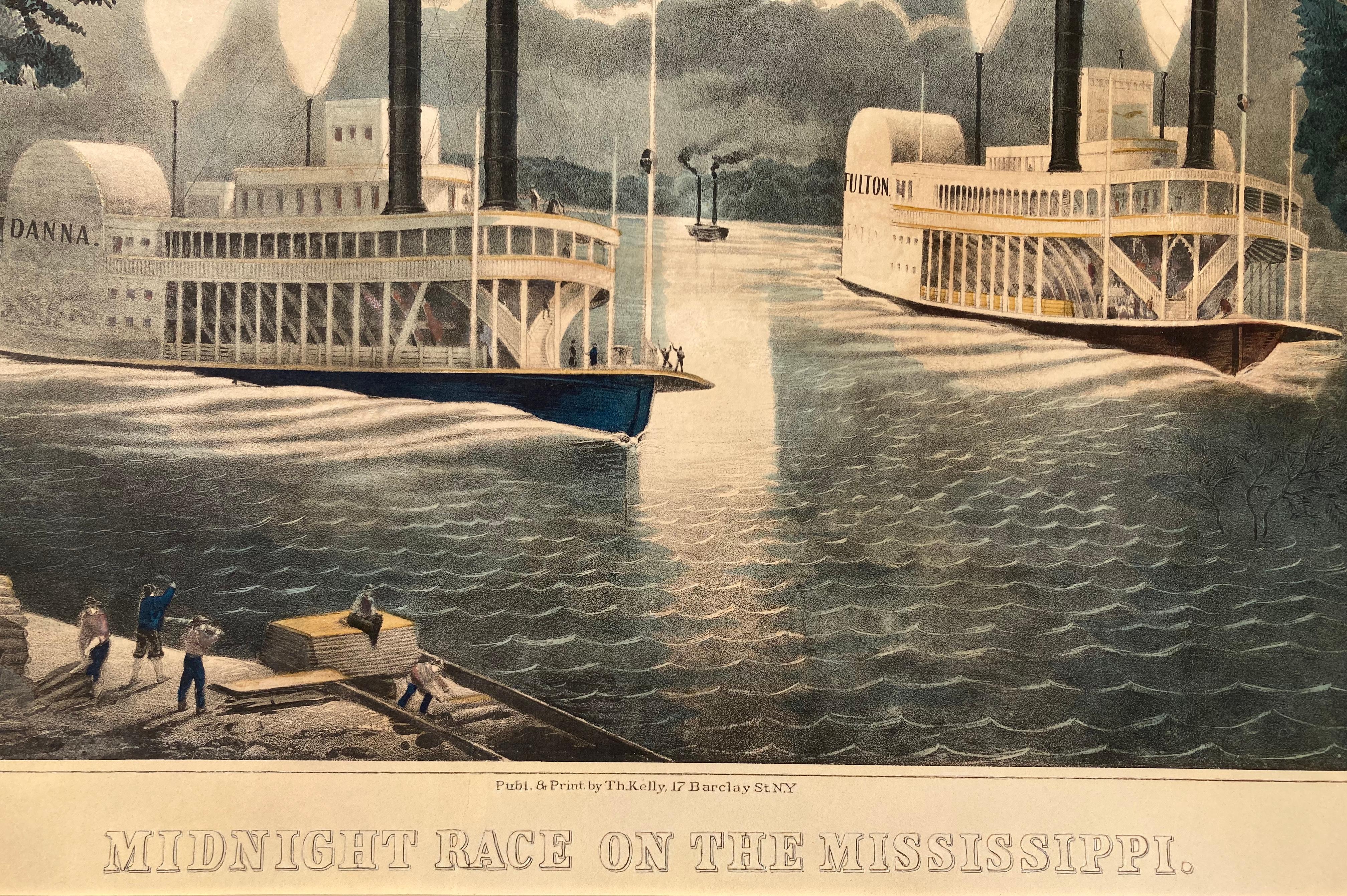 MIDNIGHT RACE ON THE MISSISSIPPI - Large Very Rare American Riverboat Litho 1870 - Print by Thomas Kelly