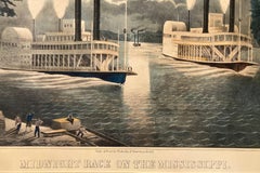 GARA DI MEZZANOTTE SUL MISSISSIPPI - Grande litografia molto rara di un battello fluviale americano del 1870