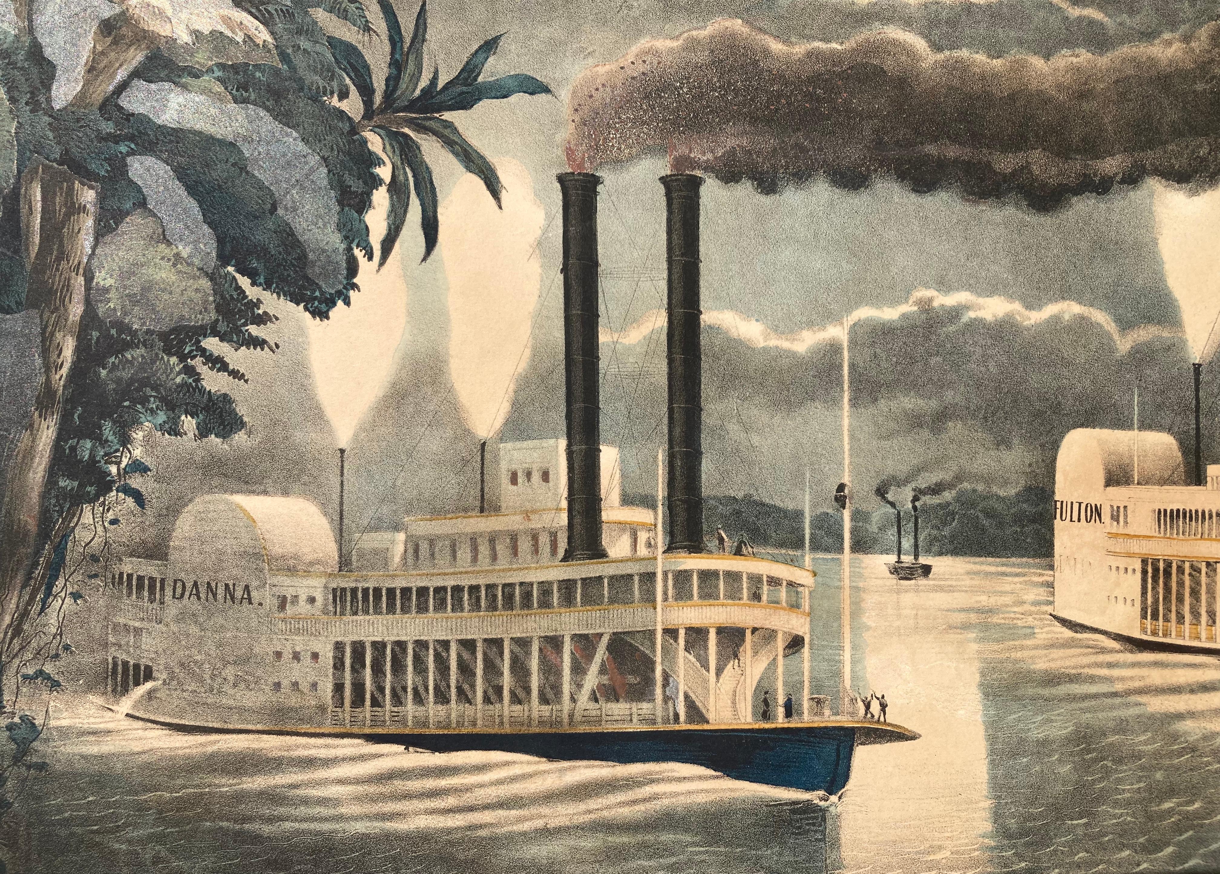 MIDNIGHT RACE ON THE MISSISSIPPI - Large Very Rare American Riverboat Litho 1870 - American Realist Print by Thomas Kelly