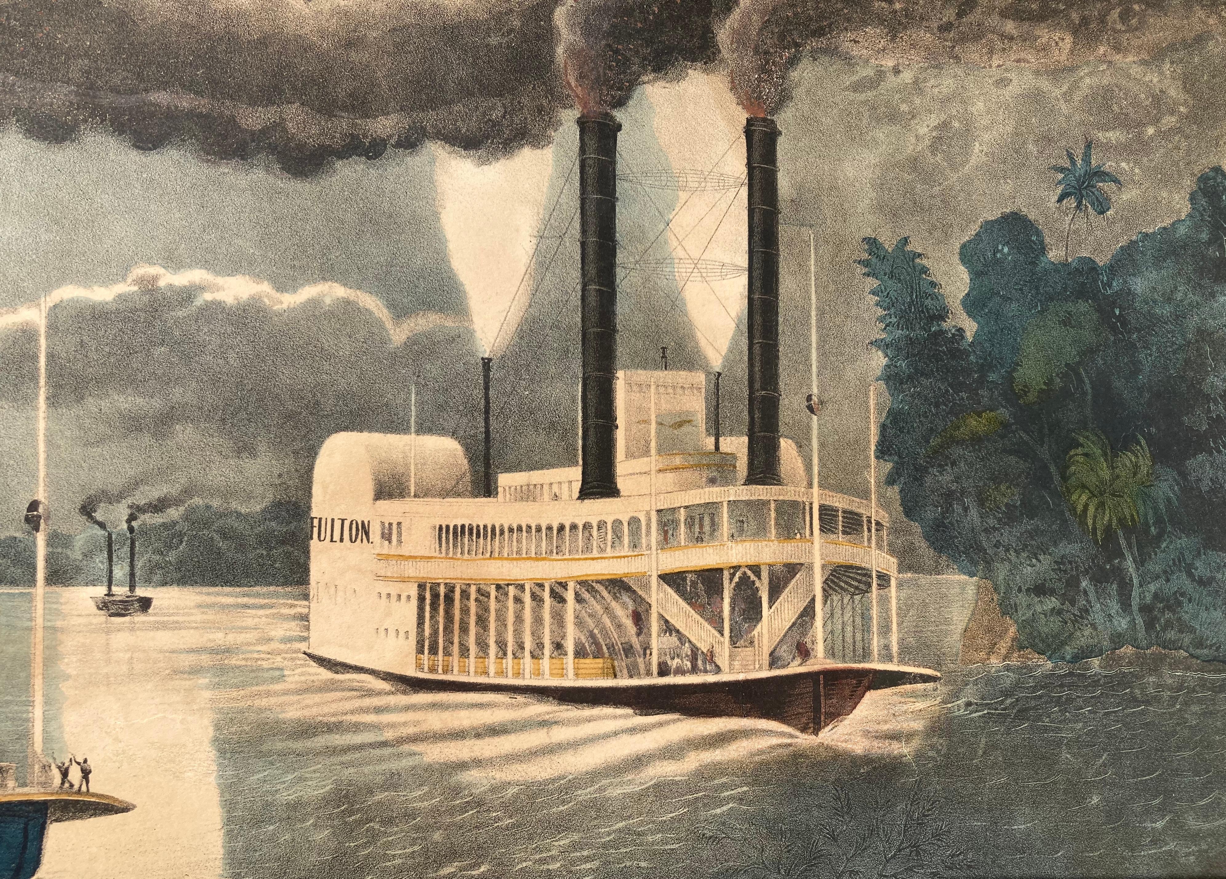 EXTREMELY RARE AMERICAN RIVERBOAT LITHOGRAPH - c 1870

MIDNIGHT RACE ON THE MISSISSIPPI c 1870
Lithograph with hand coloring and gum arabic highlights. Large folio, image 18 ¼ x 25 ¼ plus title.
Publ. & Print. by Th Kelly, 17 Barclay St. NY. Kelly’s
