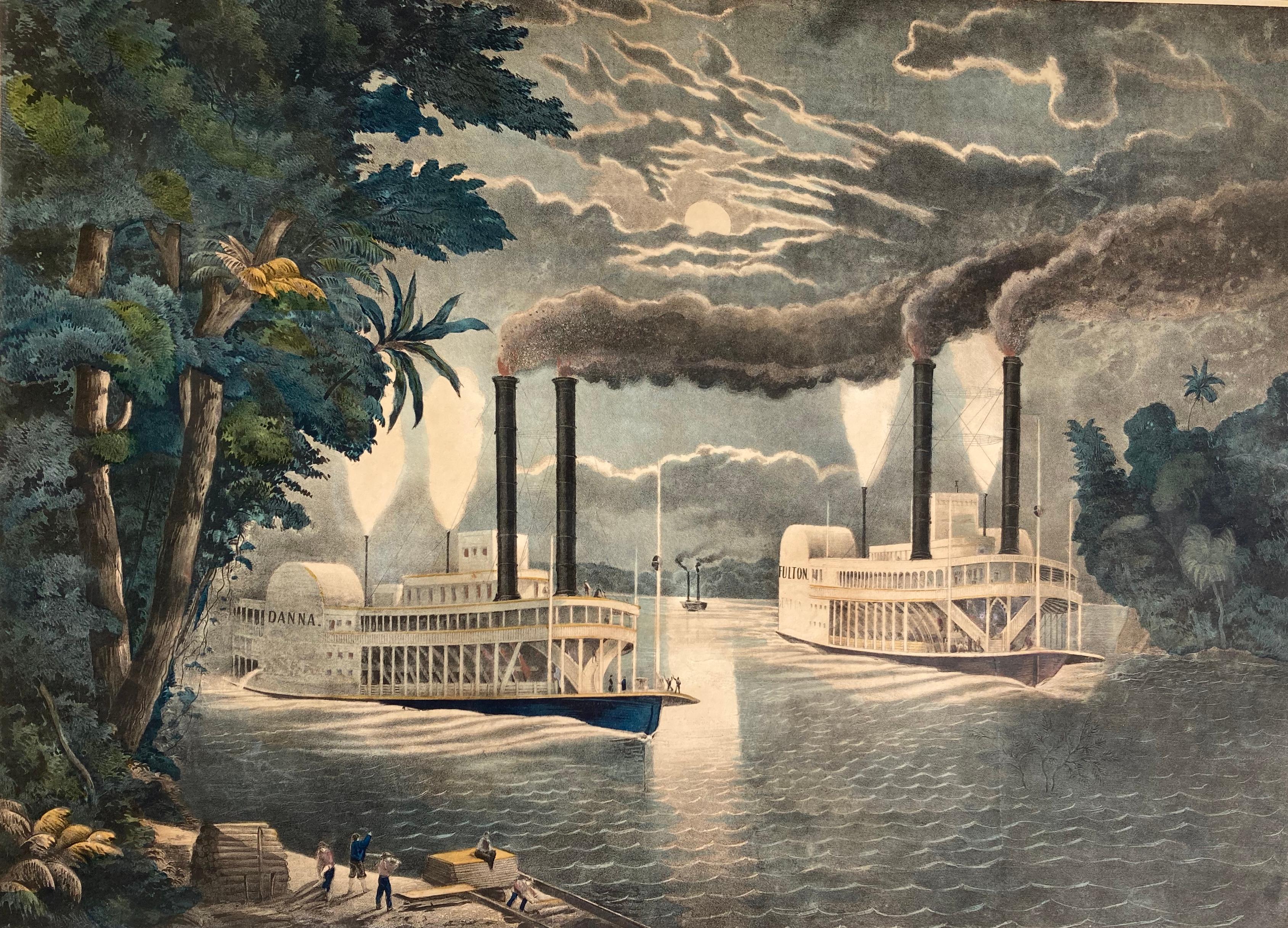 Thomas Kelly Landscape Print - MIDNIGHT RACE ON THE MISSISSIPPI - Large Very Rare American Riverboat Litho 1870