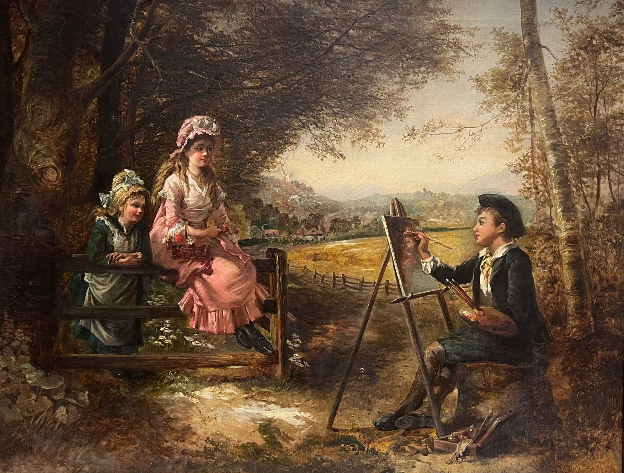 Très grande peinture à l'huile victorienne britannique représentant un portrait de jeune artiste - Victorien Painting par Thomas Kent Pelham (act.1860-1891)
