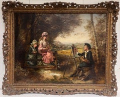 Pintura al óleo victoriana británica muy grande Retrato de joven artista Pintura