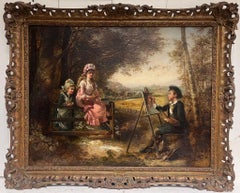 Antique Very Large British Victorian Oil Painting Portrait of Young Artist Painting