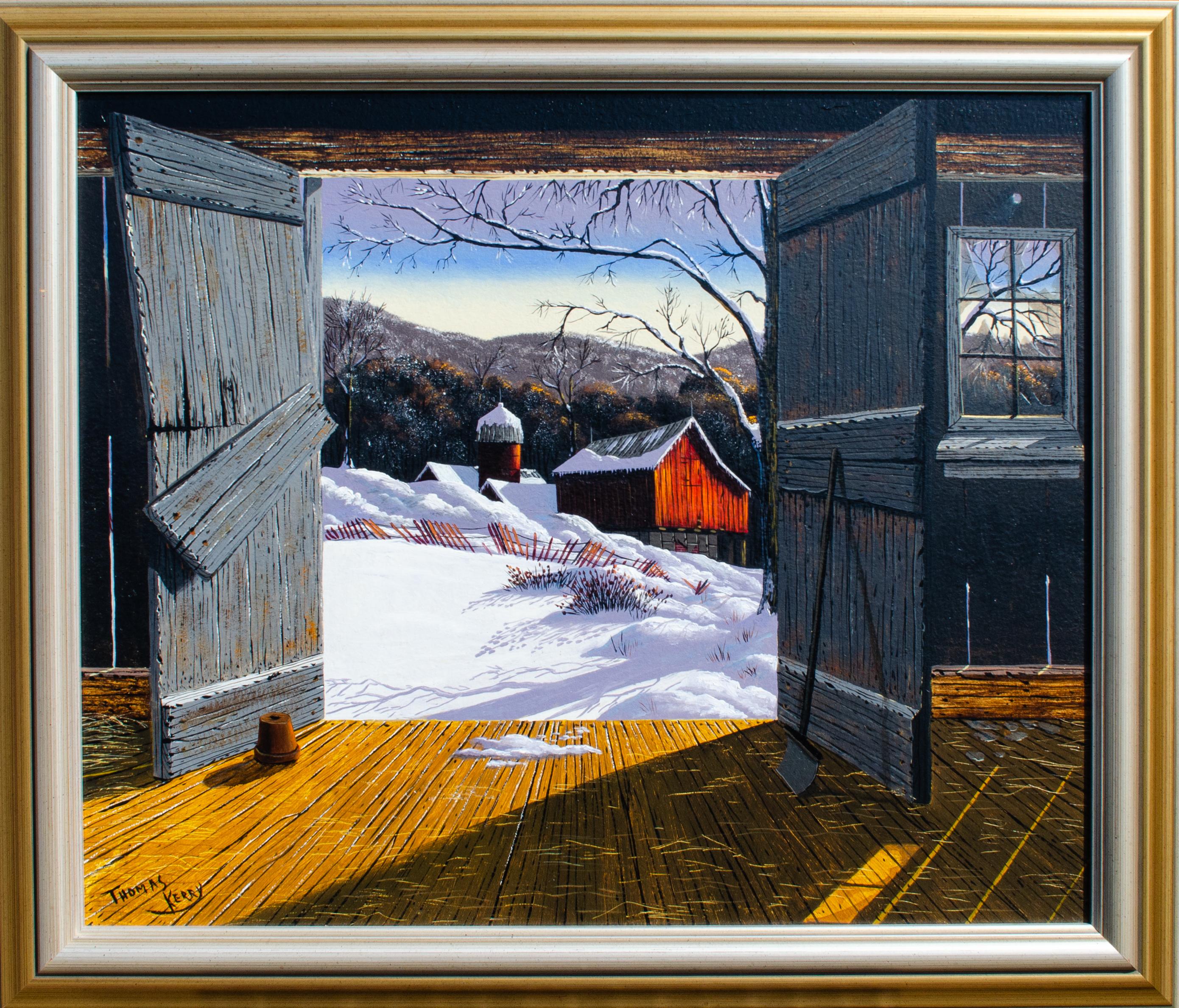 Peinture signée Thomas Kerry, Barn in Winter 1