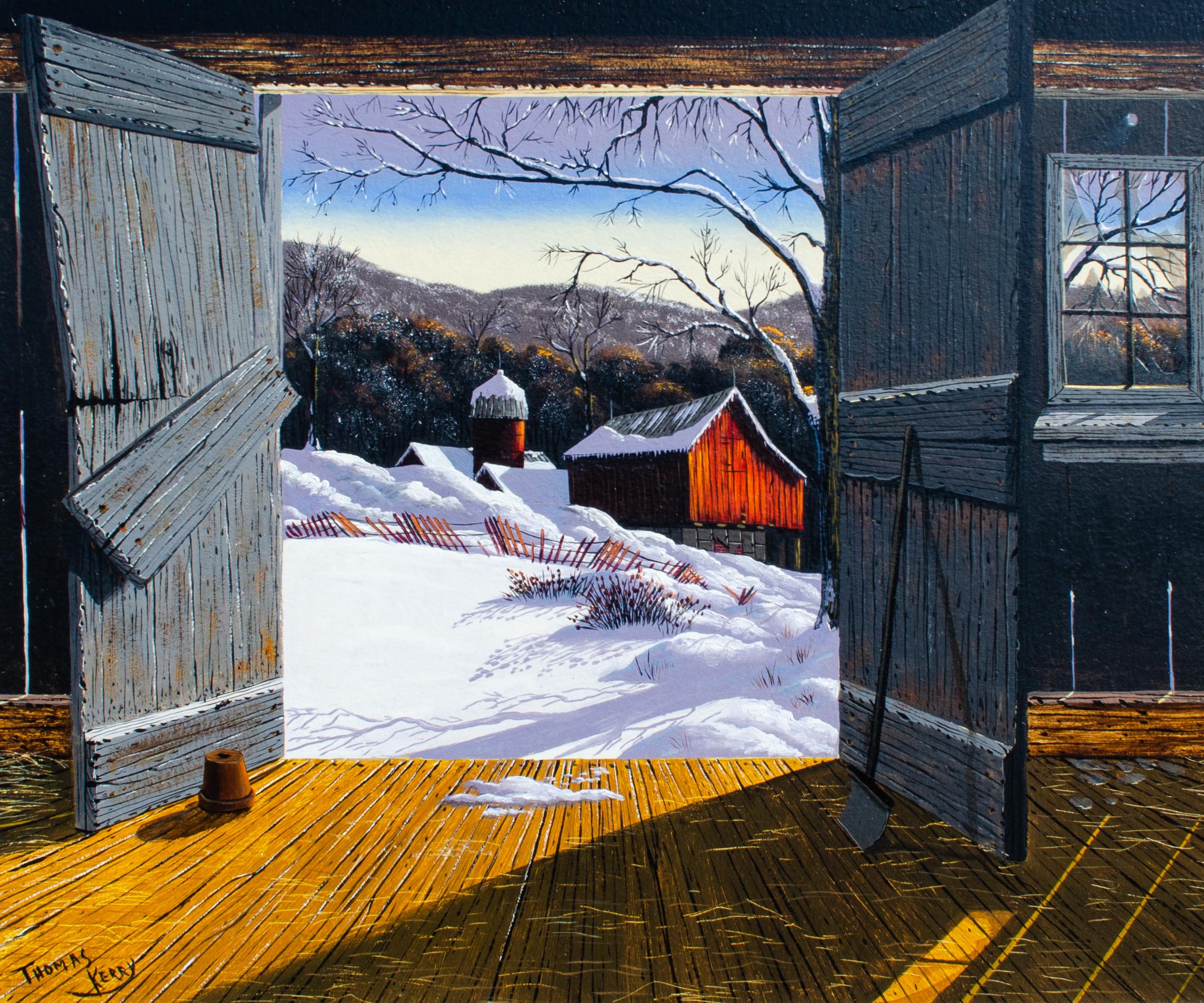 Thomas Kerry (American, 20th/21st century)
Untitled (Winter Barn), c. Early 21st Century
Oil on board
Sight: 19 x 23 in.
Framed: 23 3/4 x 27 3/4 x 1 1/2 in.
Signed lower left

Kerry called his art “as it was and is American Art”. He was born in