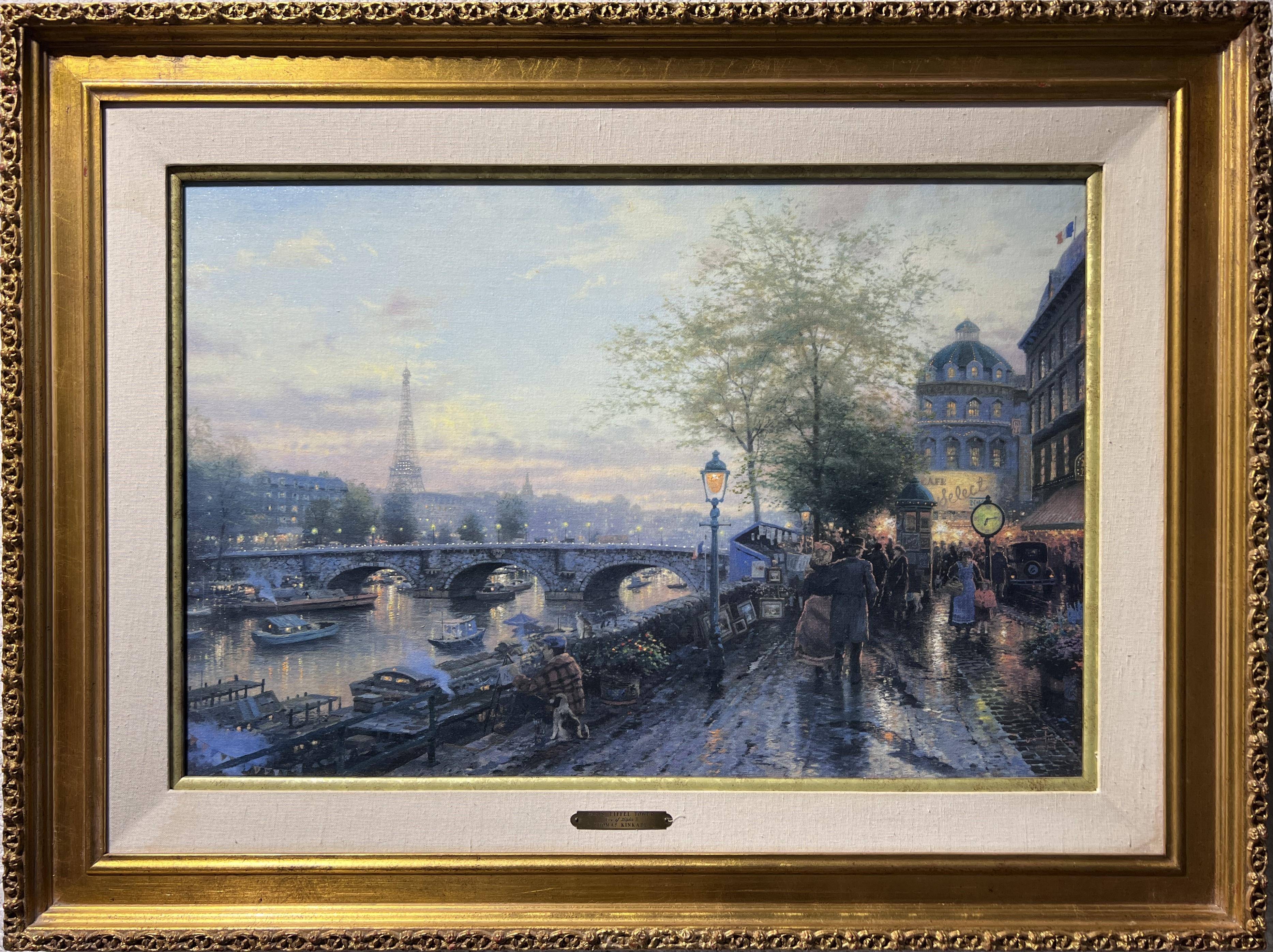 A City of Lights II è una famosa opera di Thomas Kinkade.  serie. Questo grande dipinto intitolato "Parigi, Torre Eiffel,  27" x 18"  dimensioni dell'edizione  è limitata a 2750 esemplari numerati su tela. Questo dipinto è il numero 98/2750. Tela