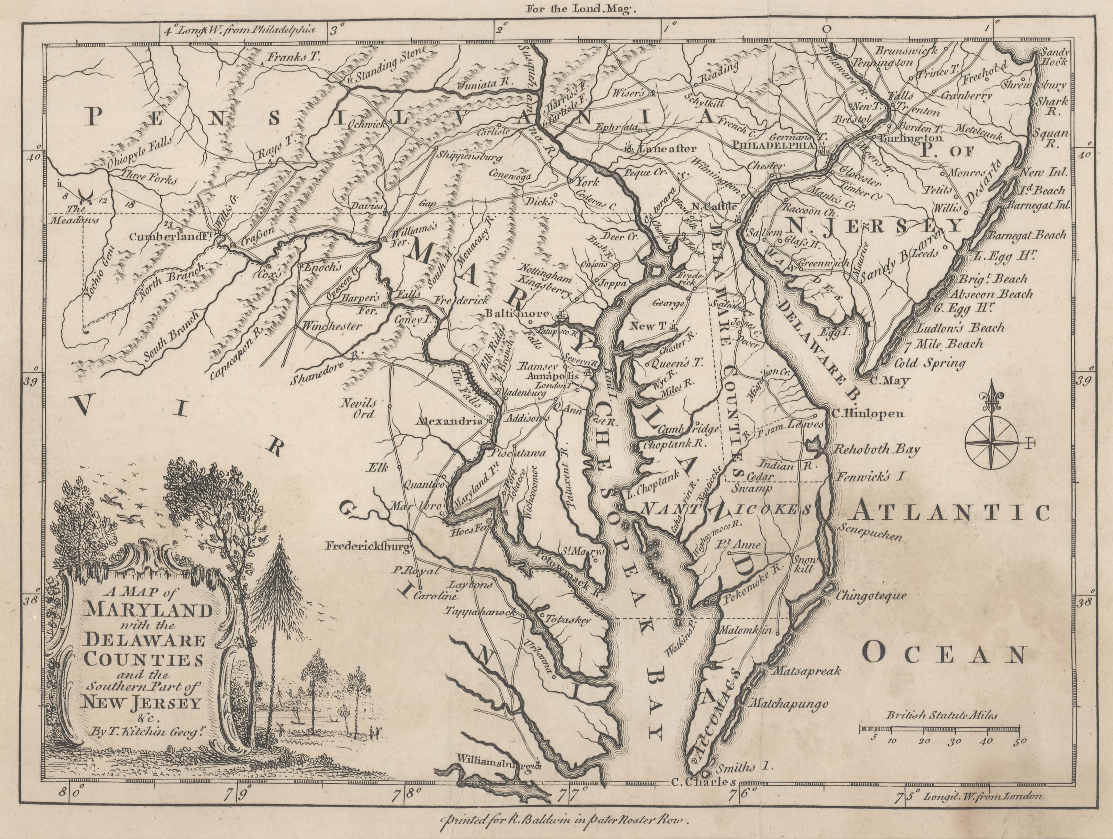 1757 Map of Maryland, Delaware Counties and the Southern part of New Jersey - Print by Thomas Kitchin