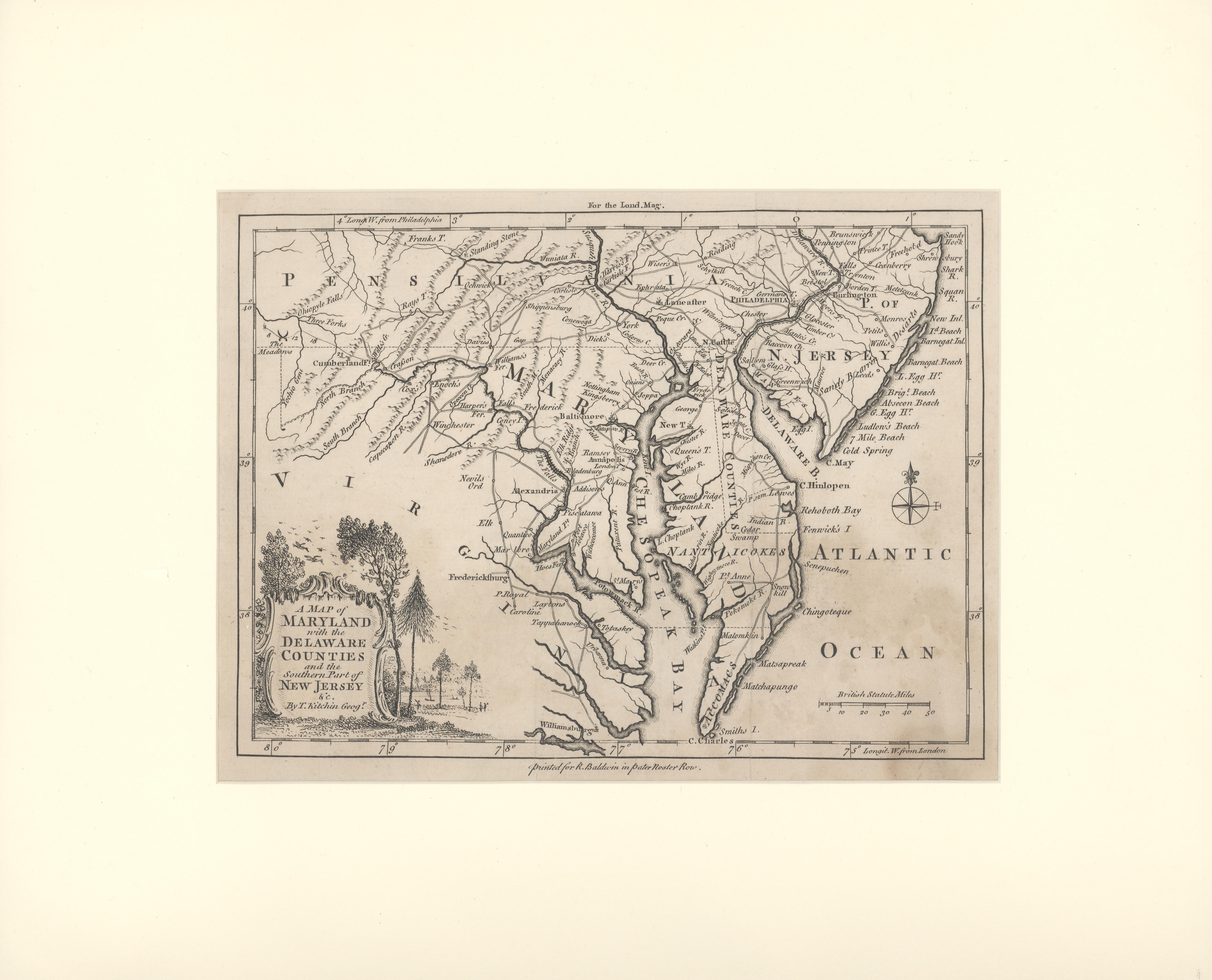 Thomas Kitchin Landscape Print - 1757 Map of Maryland, Delaware Counties and the Southern part of New Jersey