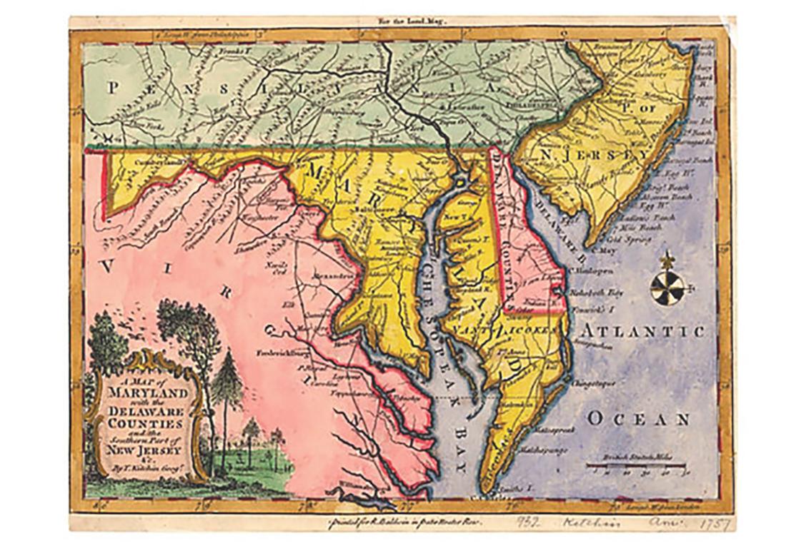 Thomas Kitchin Landscape Print - 18th-C. Map of Maryland & Delaware