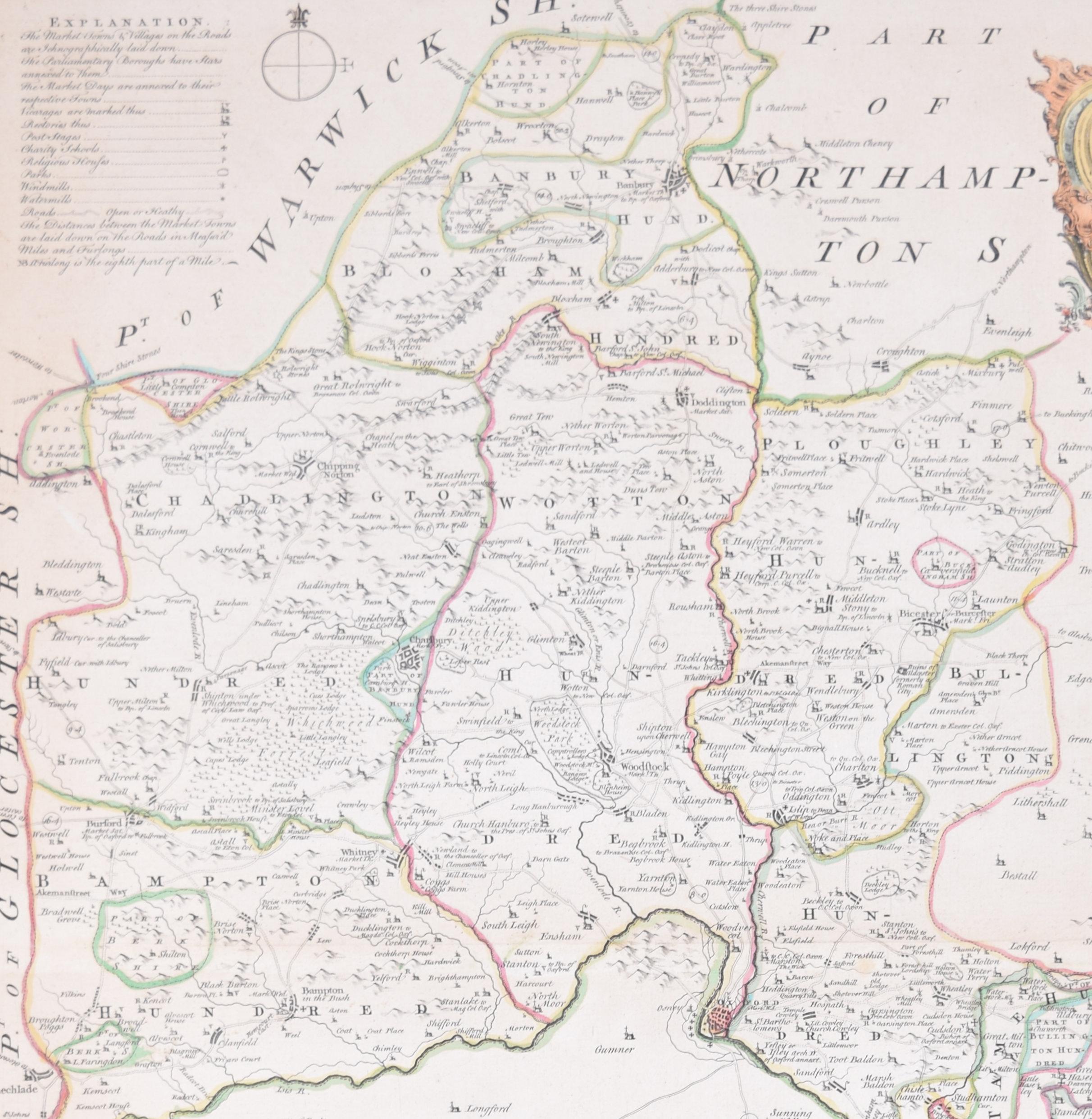 Kartenkarte von Oxfordshire, farbiger Kupferstich aus dem 18. Jahrhundert von Thomas Kitchin im Angebot 3