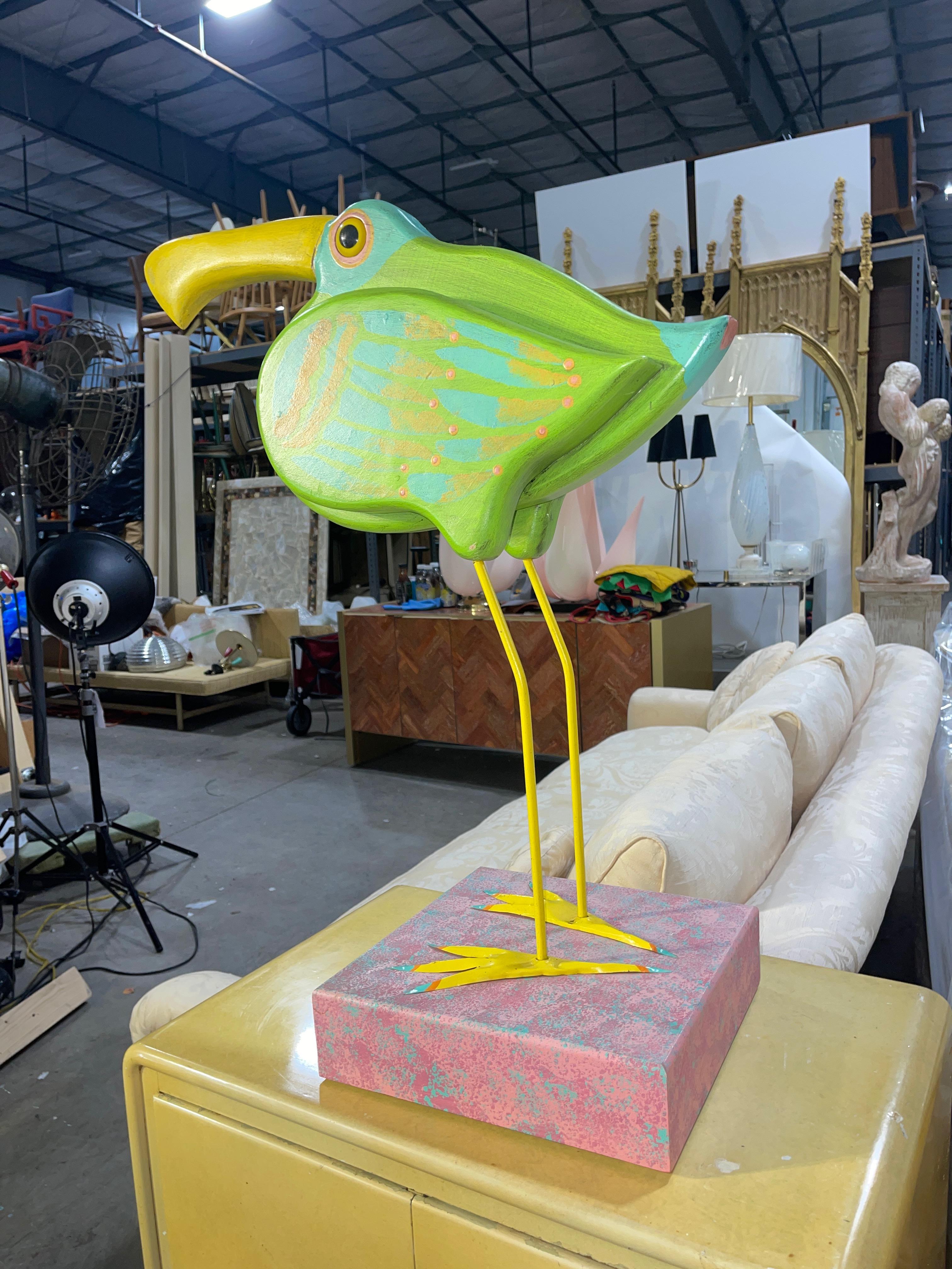 Thomas Kloss folk art bird sculpture painted wood on enameled steel legs and feet mounted on a square base.
27.5” high x 11” wide X 22.5” deep
Base only 11x11x3
Lancaster, PA artist Tom Kloss retired in 2025.