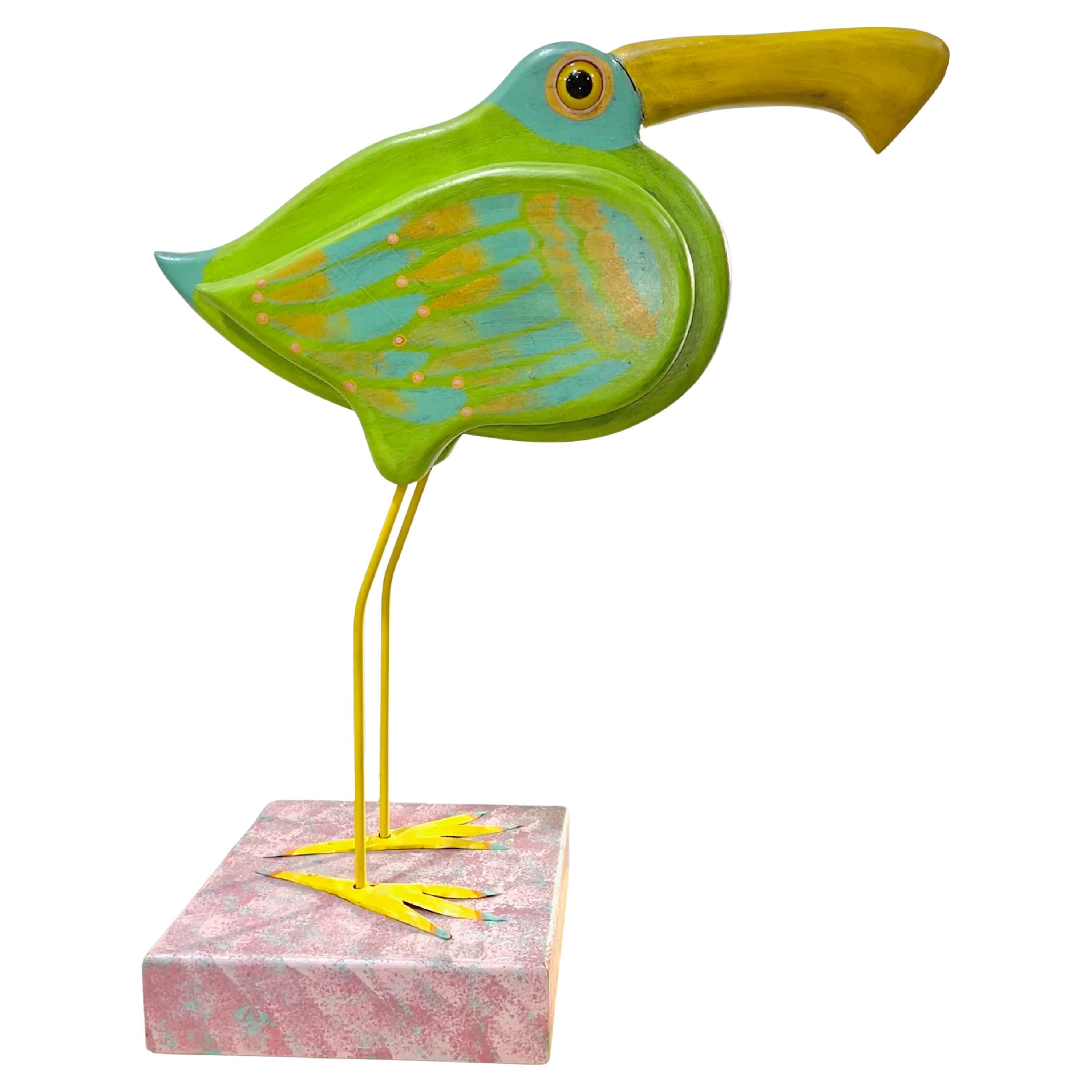 Thomas Kloss Whimsical Bird Sculpture Carved Wood and Hand Painted Folk Art For Sale