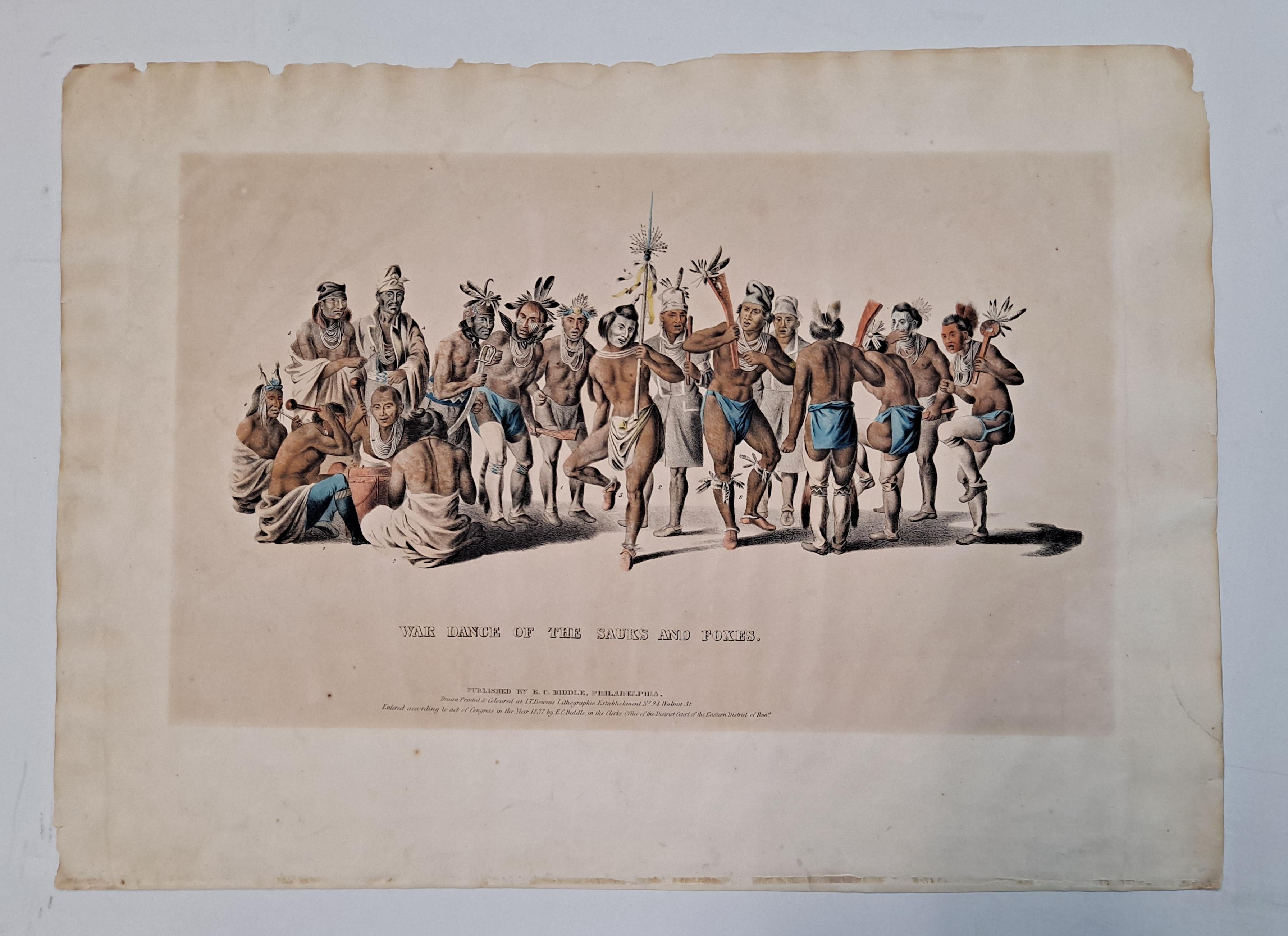 La danse de la guerre des soucoupes et des renards - Lithographie colorée à la main, vers 1837 - Print de Thomas L. McKenney
