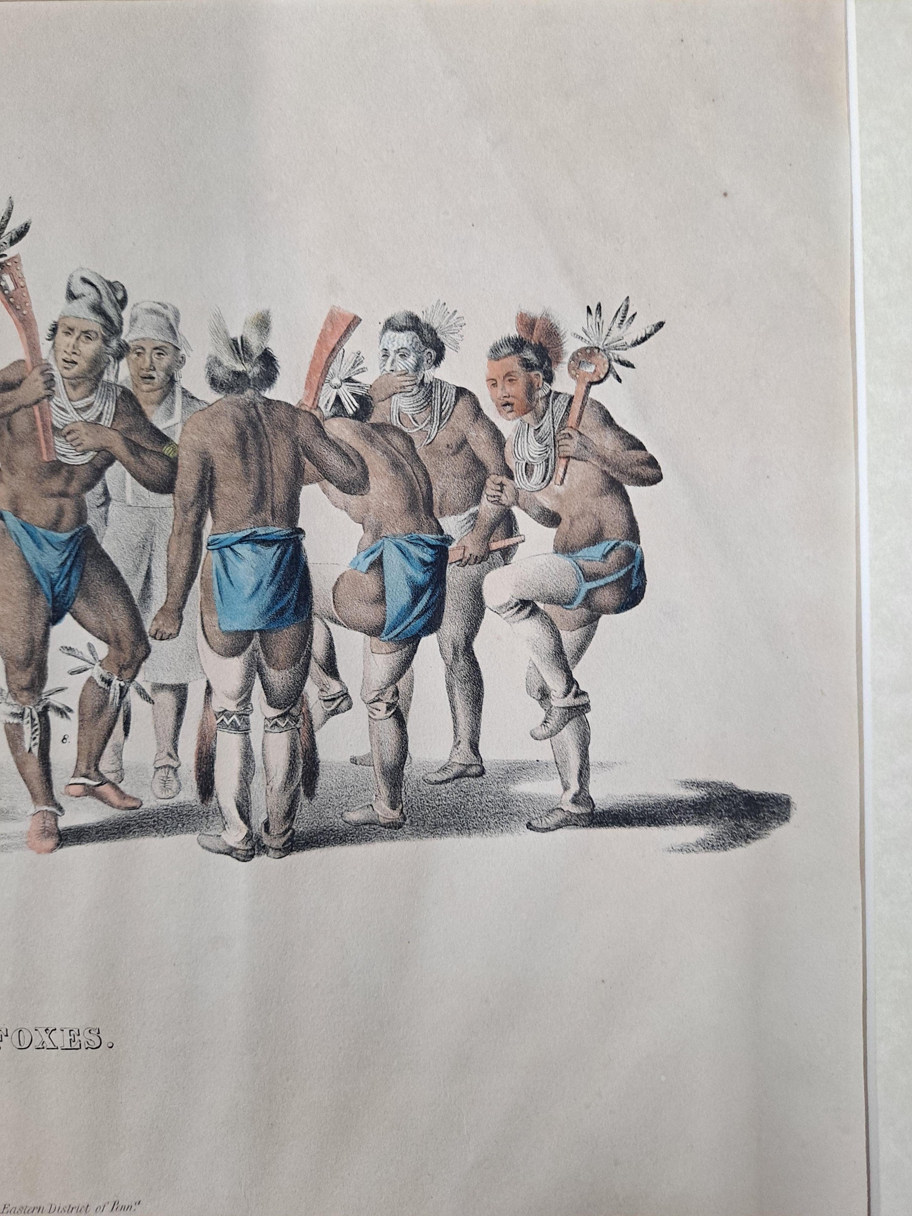 La danse de la guerre des soucoupes et des renards - Lithographie colorée à la main, vers 1837 - Gris Figurative Print par Thomas L. McKenney