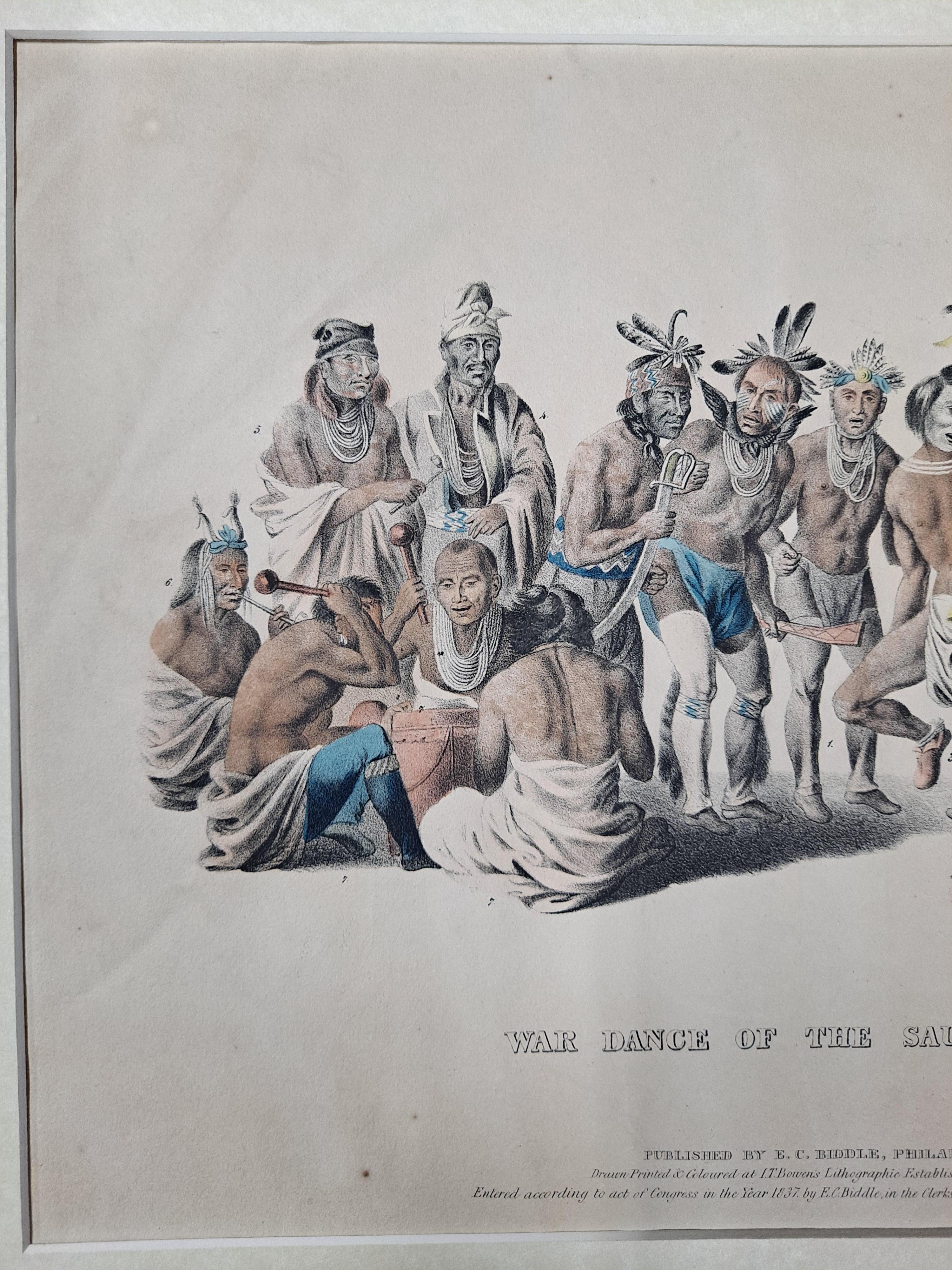 La danse de la guerre des soucoupes et des renards - Lithographie colorée à la main, vers 1837 en vente 1