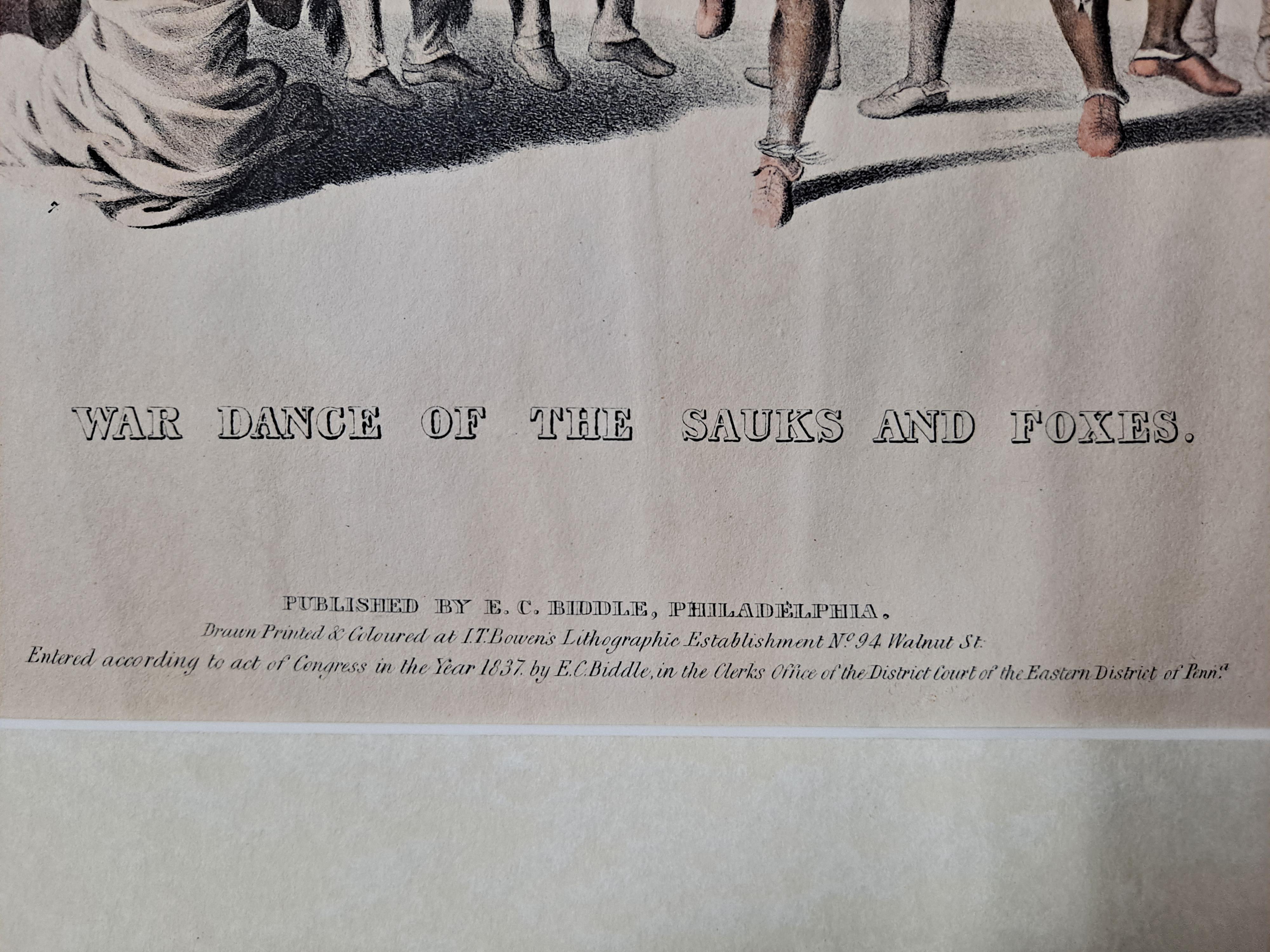 La danse de la guerre des soucoupes et des renards - Lithographie colorée à la main, vers 1837 en vente 2